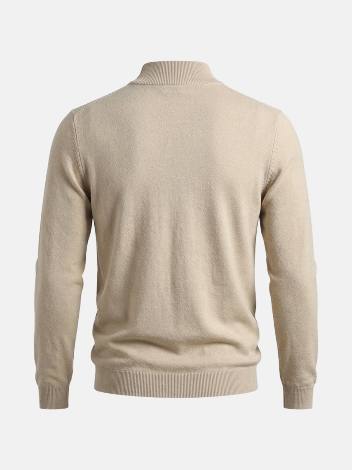 Back view of beige men’s pullover sweater with mock-neck on white background.
