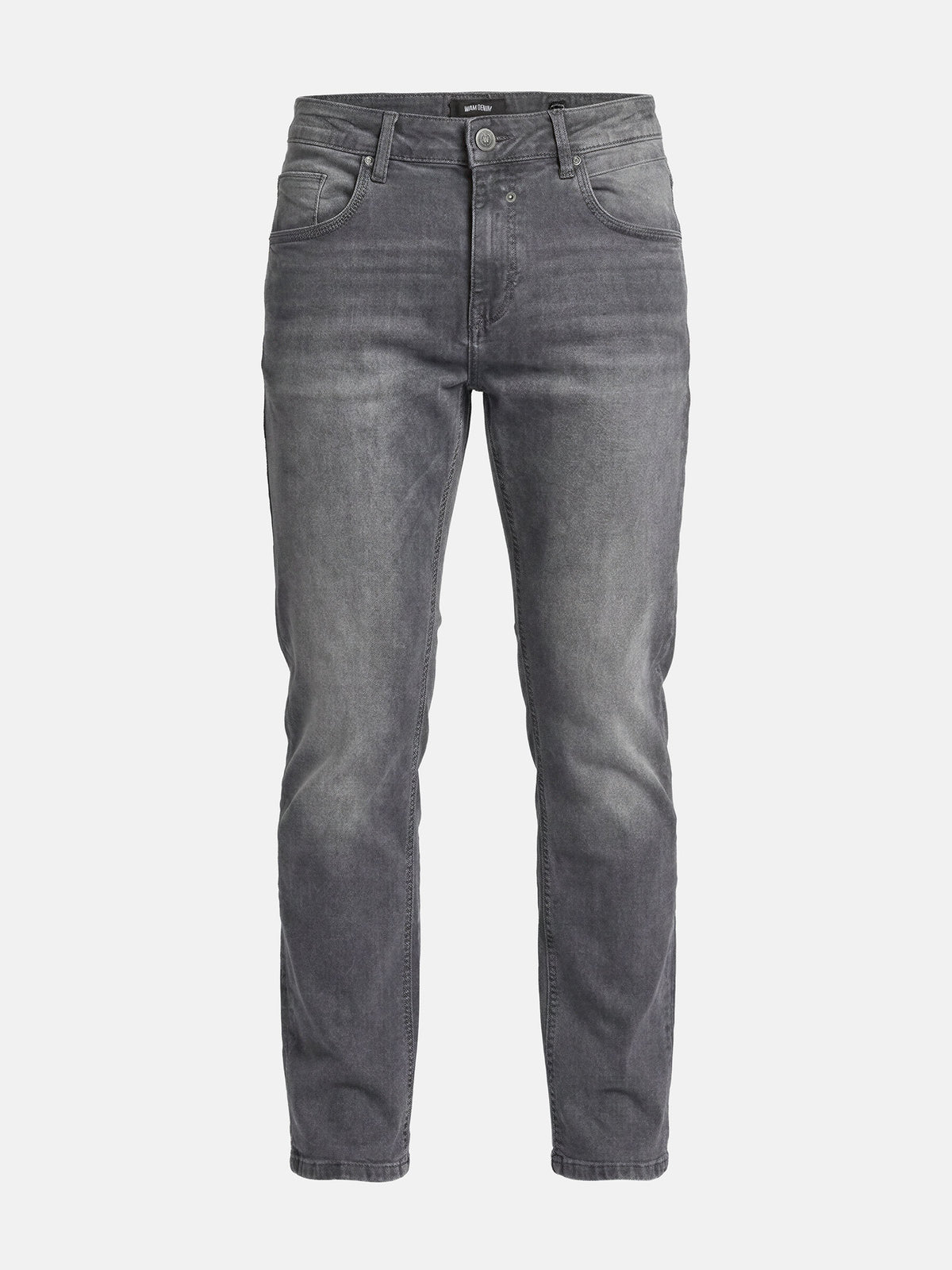 Slim-fit grey denim jeans with classic five-pocket design and subtle faded finish.