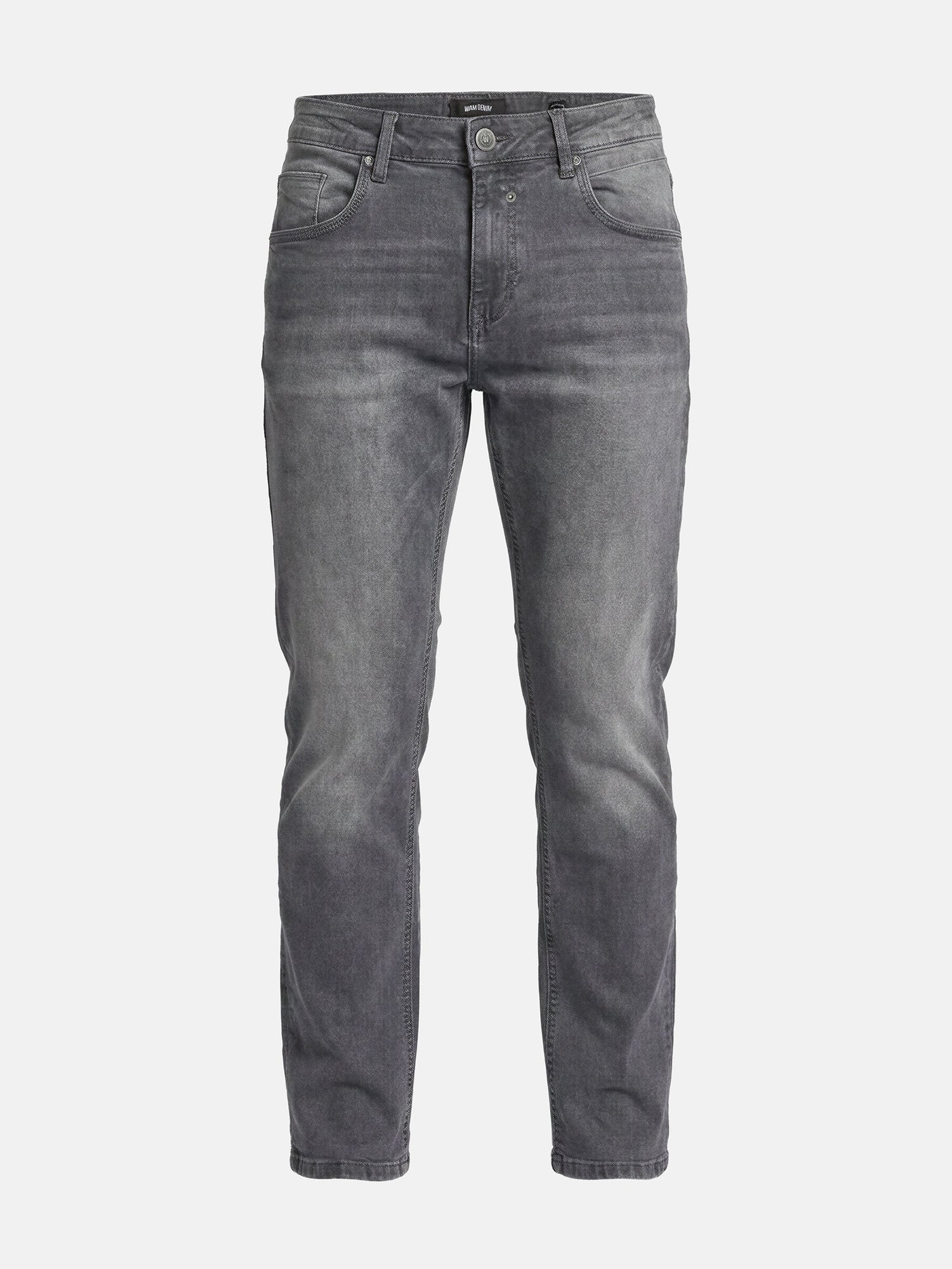 Slim-fit grey denim jeans with classic five-pocket design and subtle faded finish.