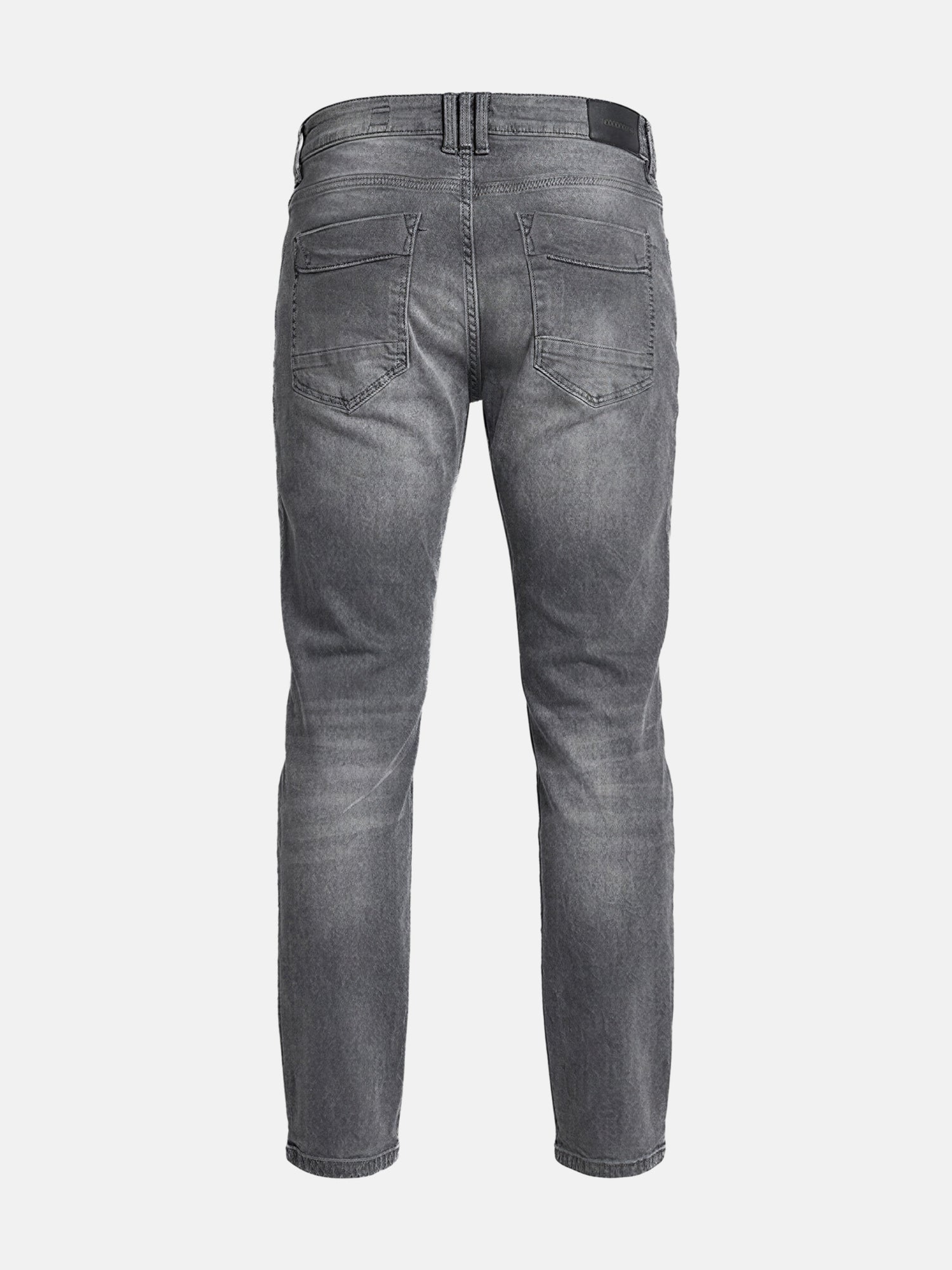 Back view of slim-fit grey jeans with classic pockets and clean denim finish.