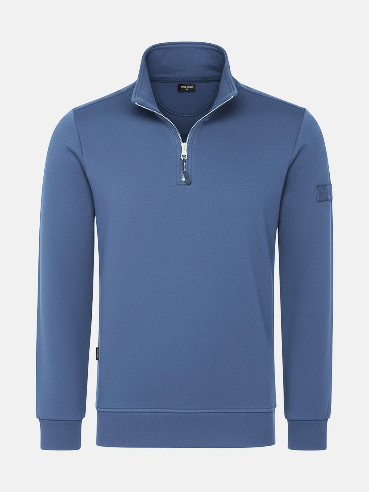 Indigo men’s quarter-zip sweater with high collar, Prime Indigo sweater.