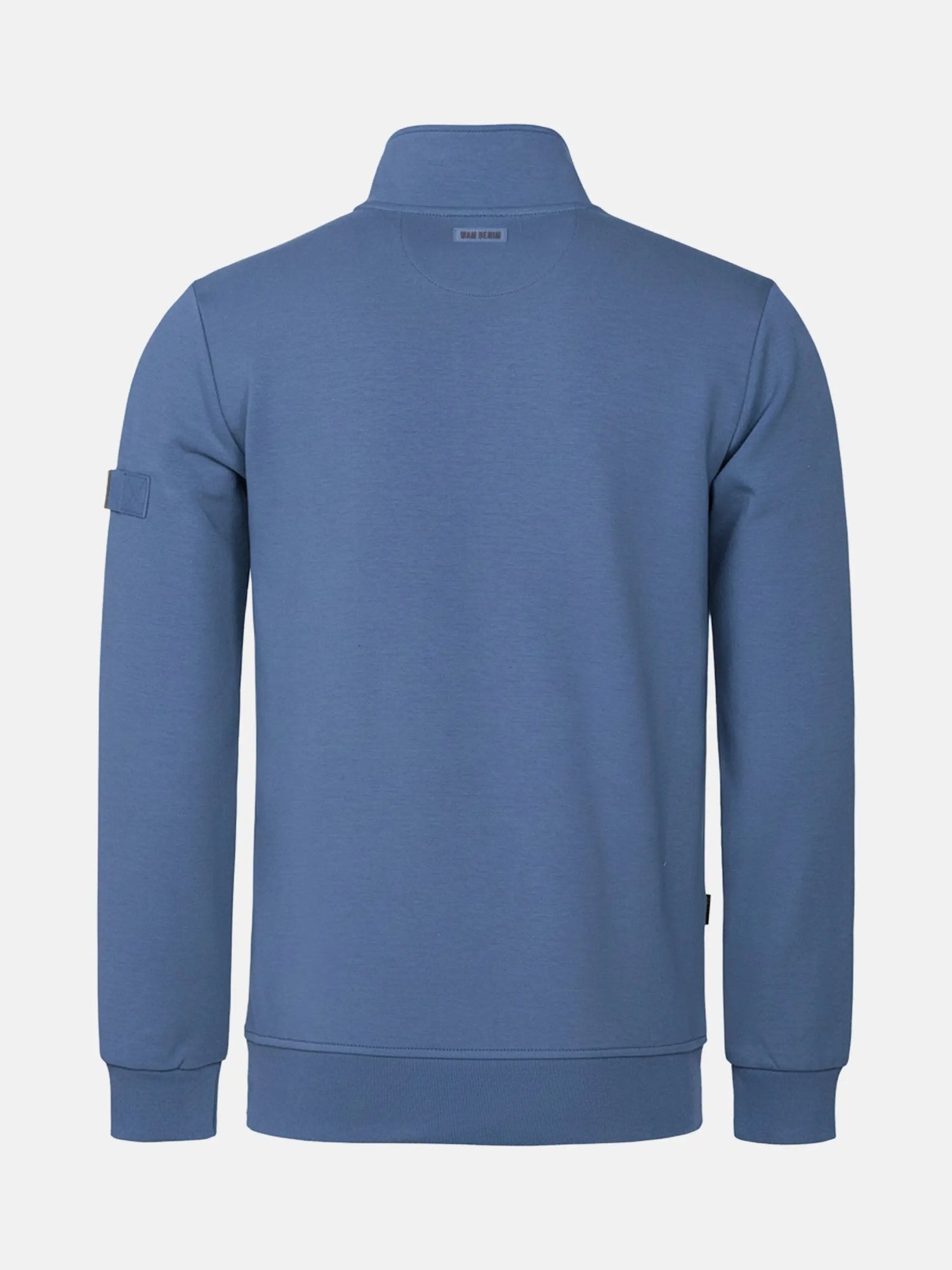 Back view of indigo men’s quarter-zip sweater in the Prime Indigo style.