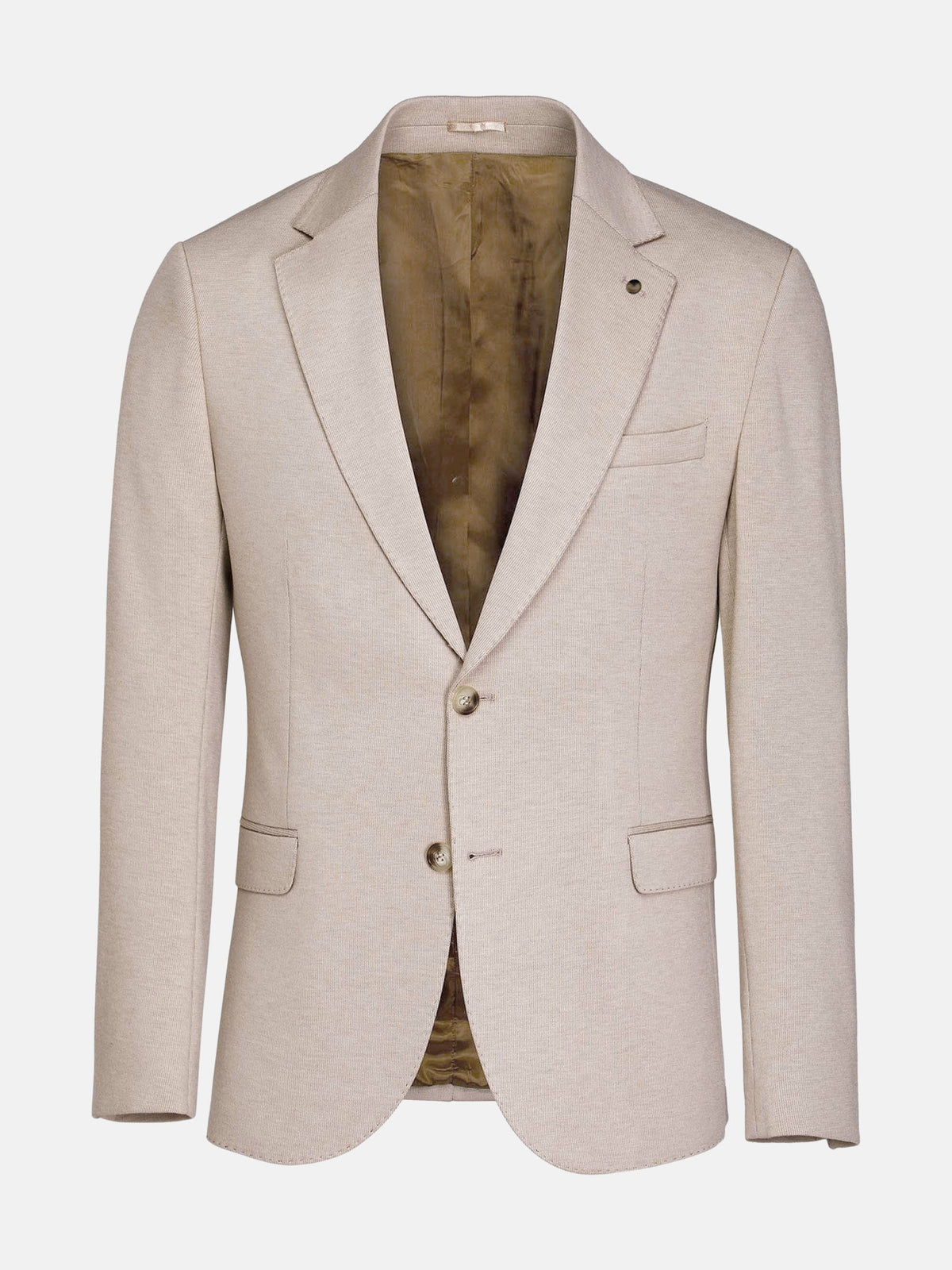 Men’s beige blazer with notch lapel and two-button closure