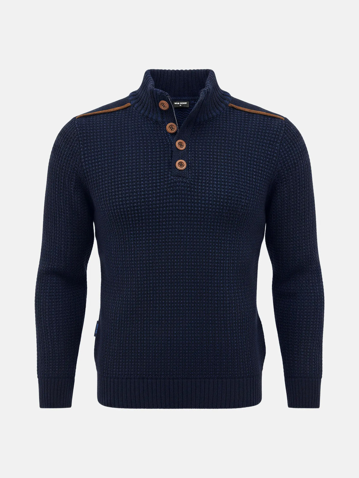 Indigo navy men’s knit sweater with textured pattern and brown button-neck design.