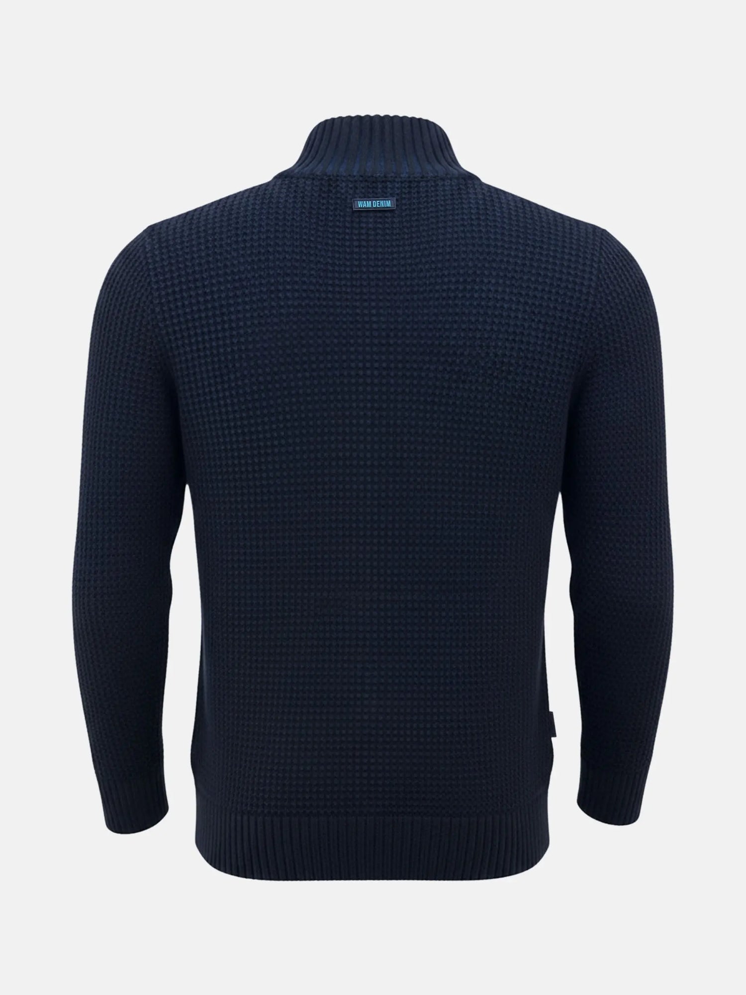 Back view of an indigo navy men’s knit sweater with a textured waffle pattern.