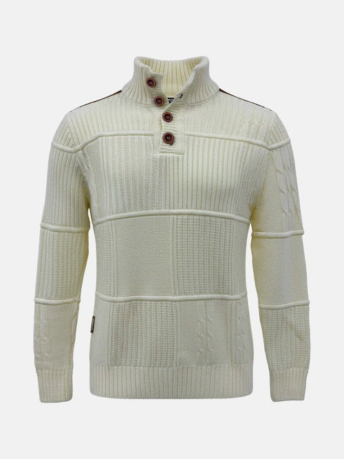 Off-white men’s knit sweater with textured panels and a high button-neck design.