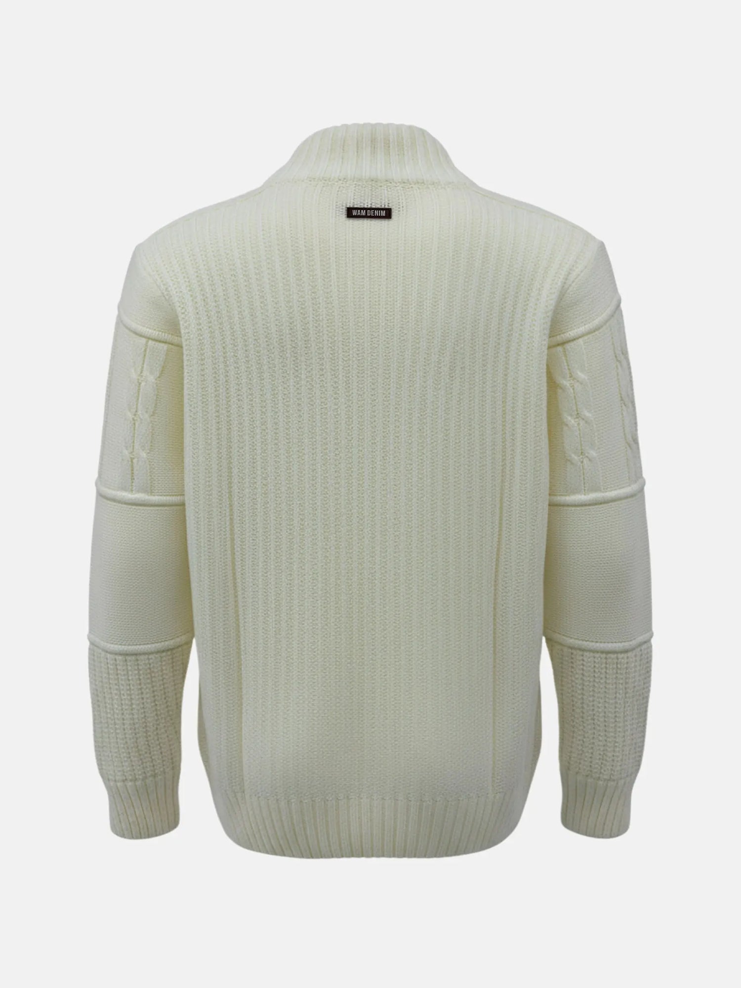 Back view of an off-white men’s knit sweater with ribbed texture and panel detailing.