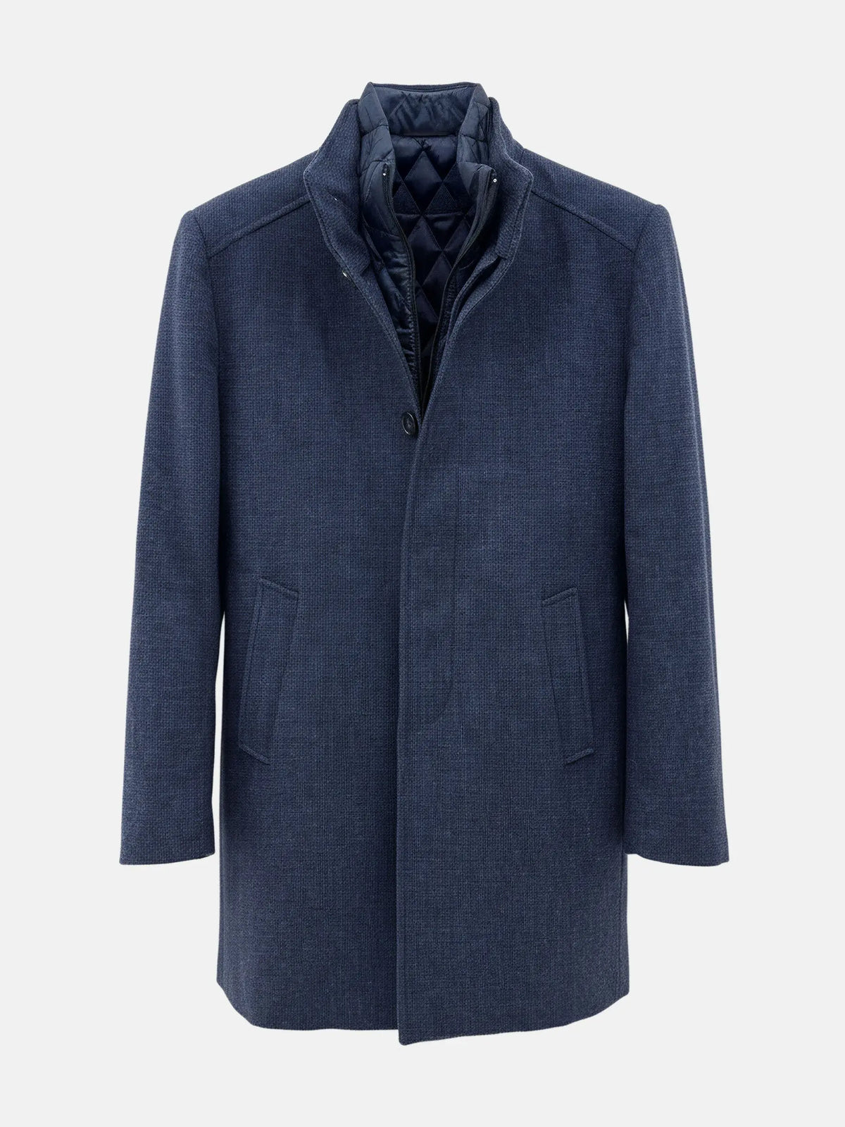 Light navy men’s trenchcoat with quilted inner lining and front button closure for winter.