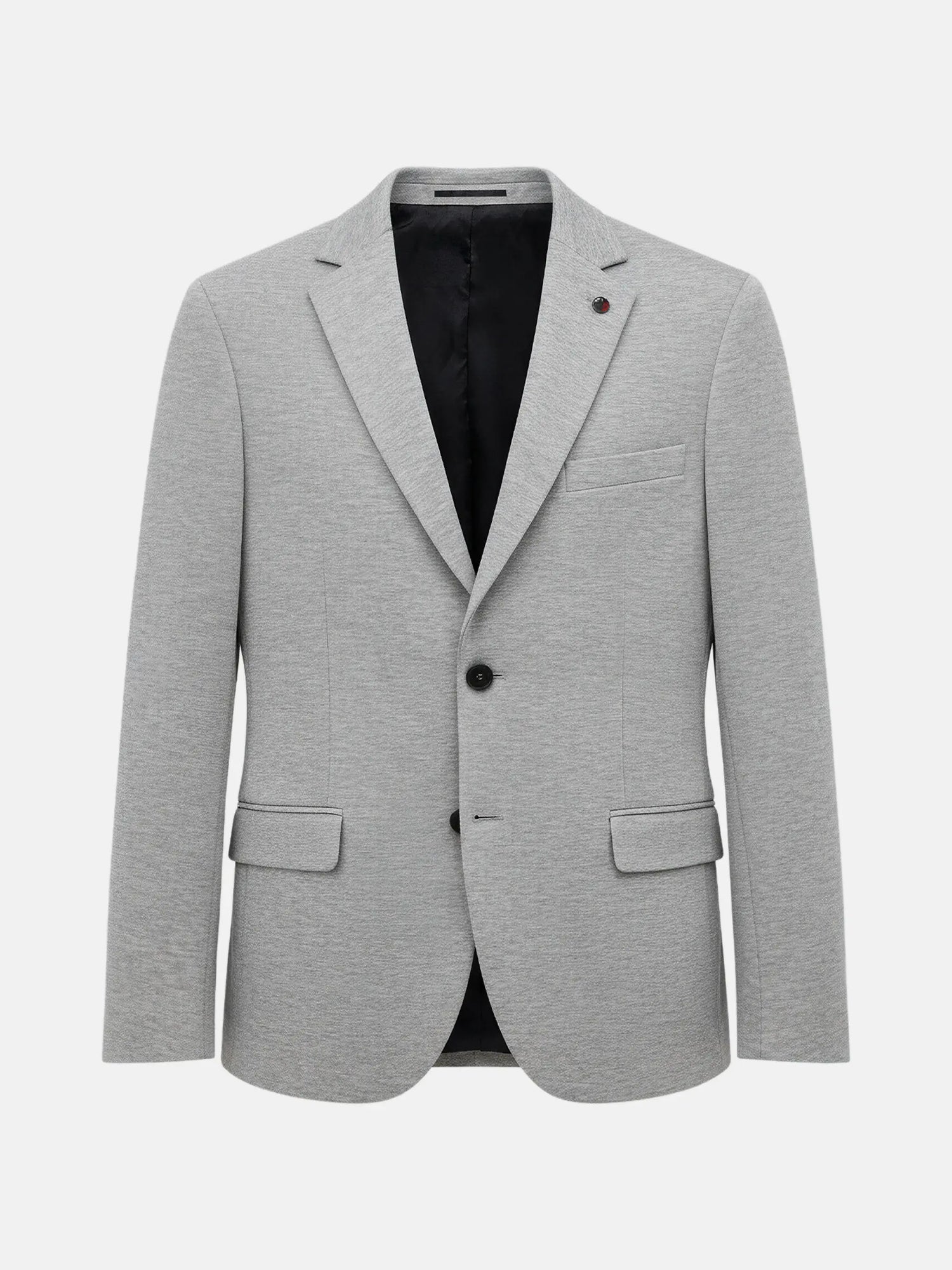 Light grey men's blazer with notch lapel and two-button closure.
