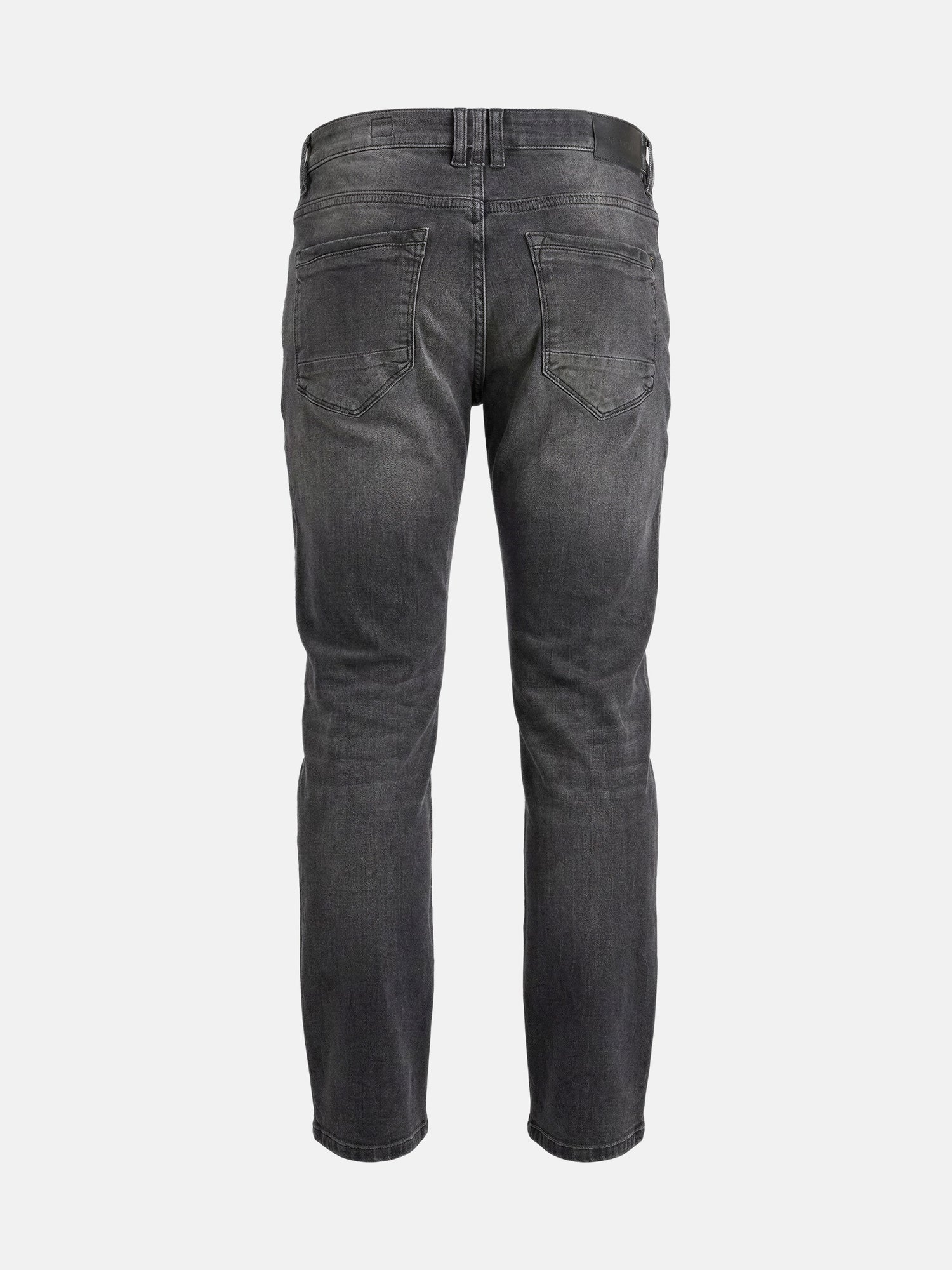 Back view of men’s grey slim fit jeans with faded wash and back pockets.