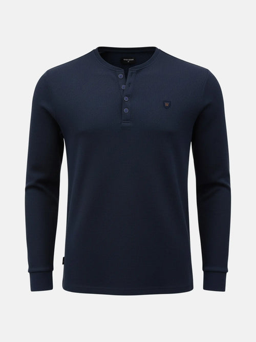 Navy long-sleeve men’s sweater with buttoned neckline, Zest Navy sweater.