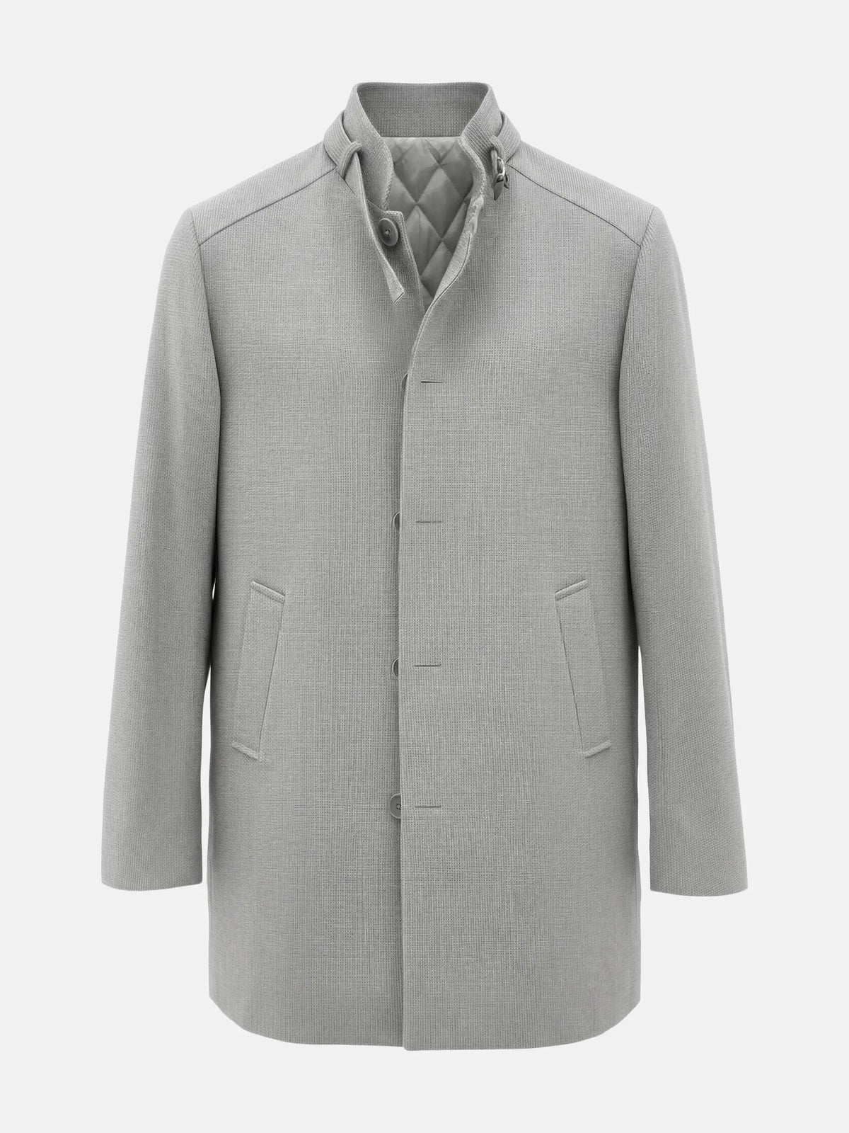 Light grey men’s trenchcoat with quilted inner lining and clean, minimalist front design.