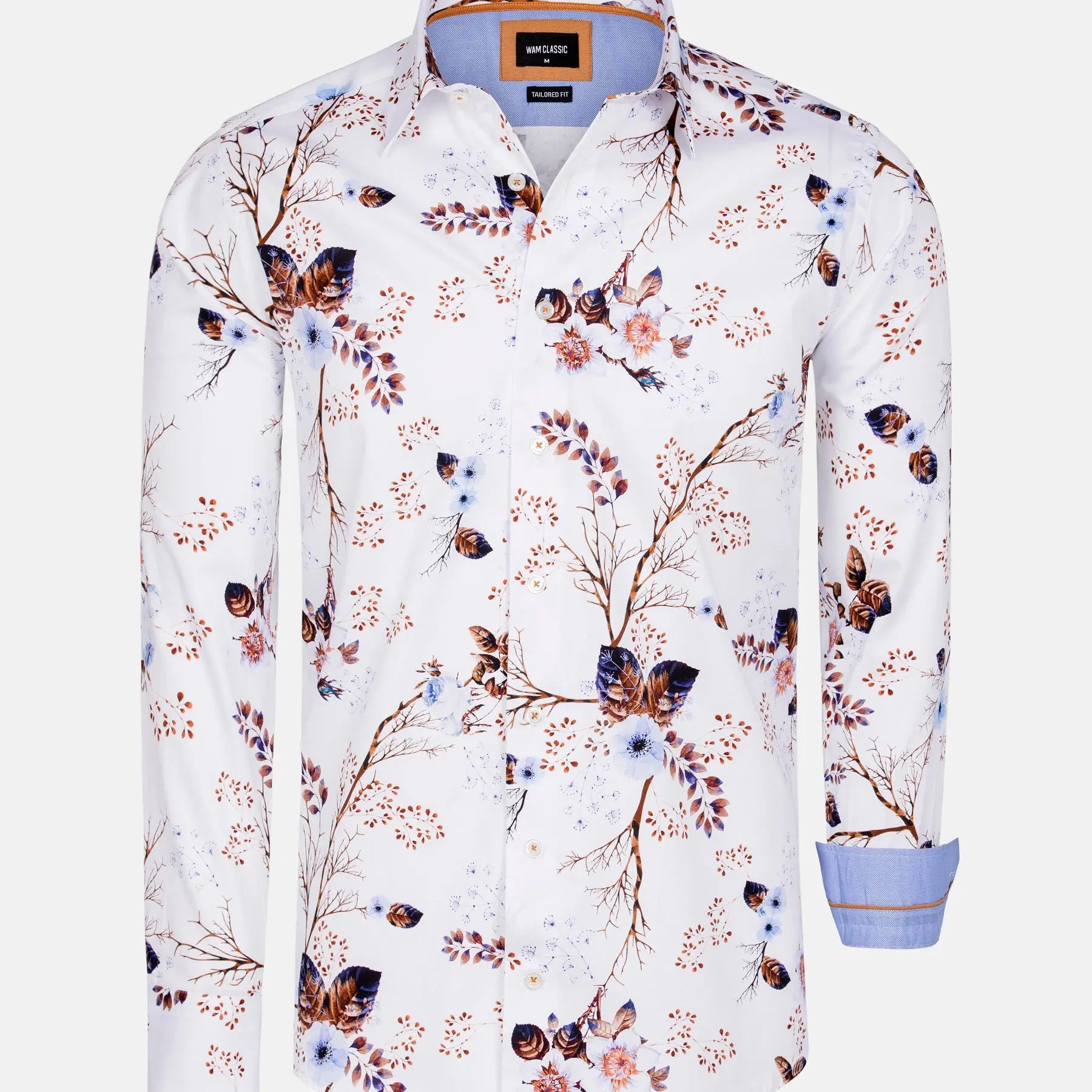 Floral patterned shirt with a brand label on a white background