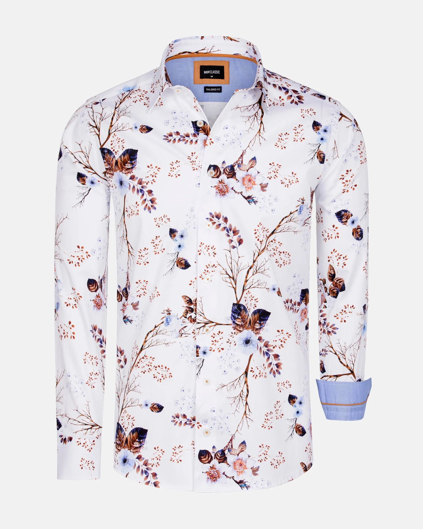 Floral patterned shirt with a brand label on a white background