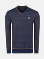 Navy sweater with orange accents on a white background