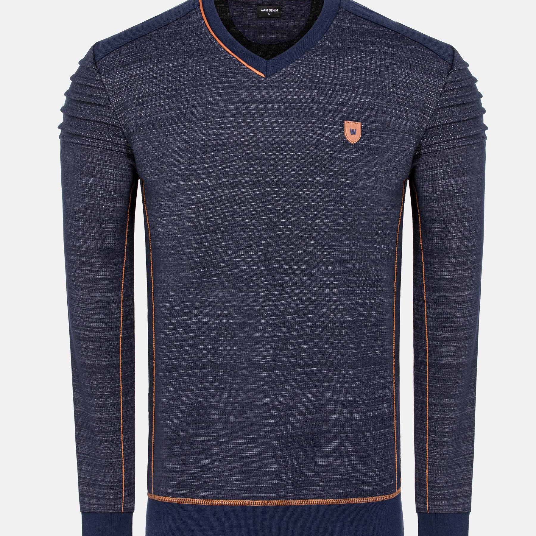 Navy sweater with orange accents on a white background