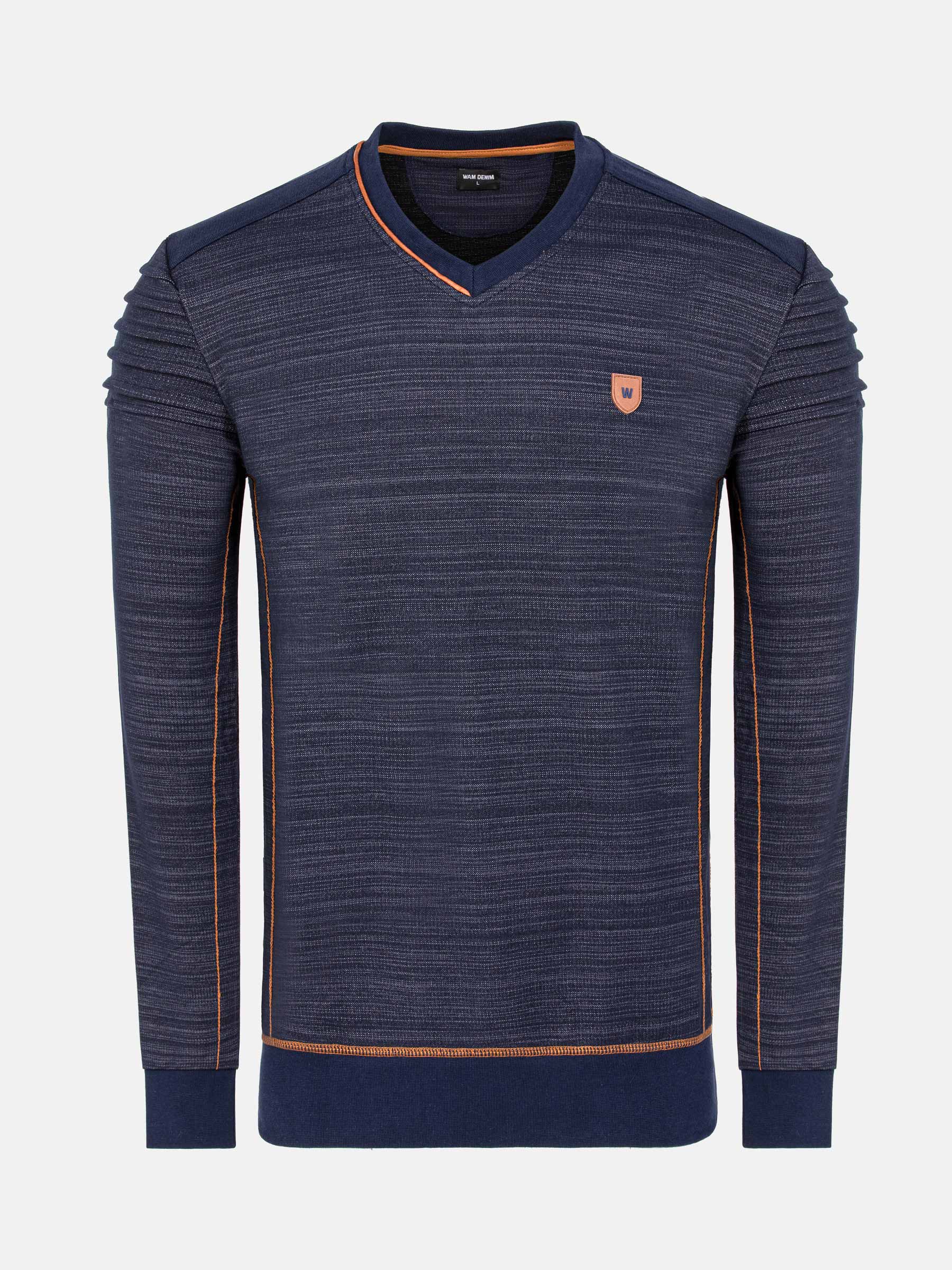 Navy sweater with orange accents on a white background