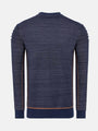 Navy sweater with brown trim on a white background