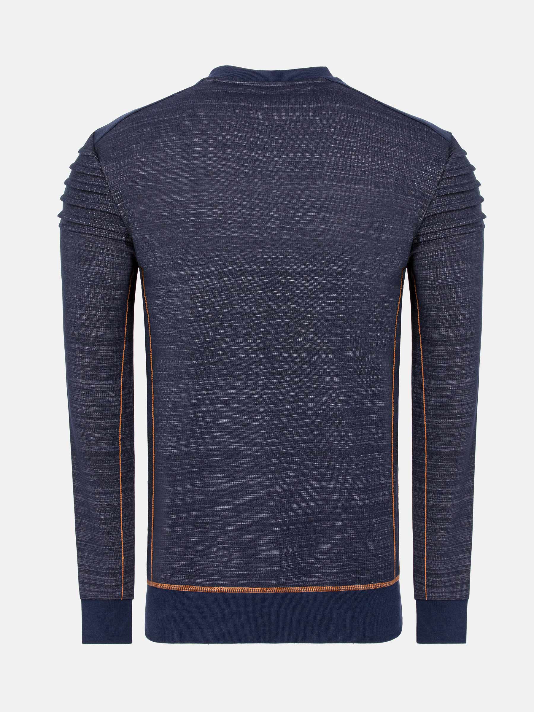 Navy sweater with brown trim on a white background
