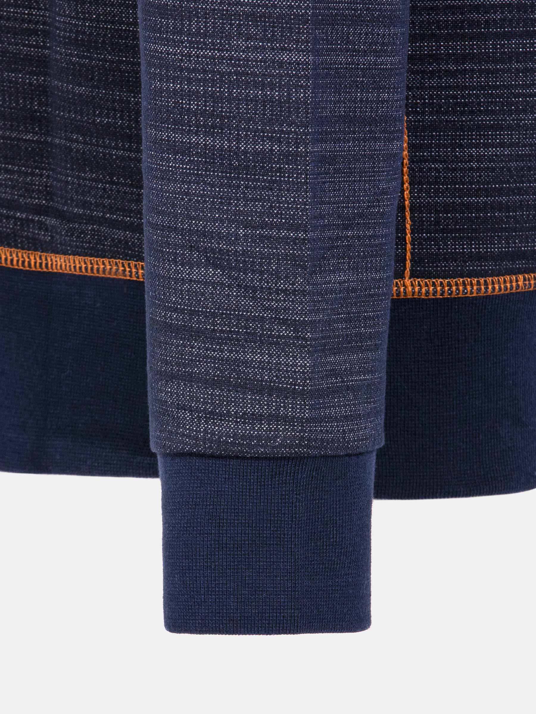 Close-up of a navy fabric with orange trim on a white background