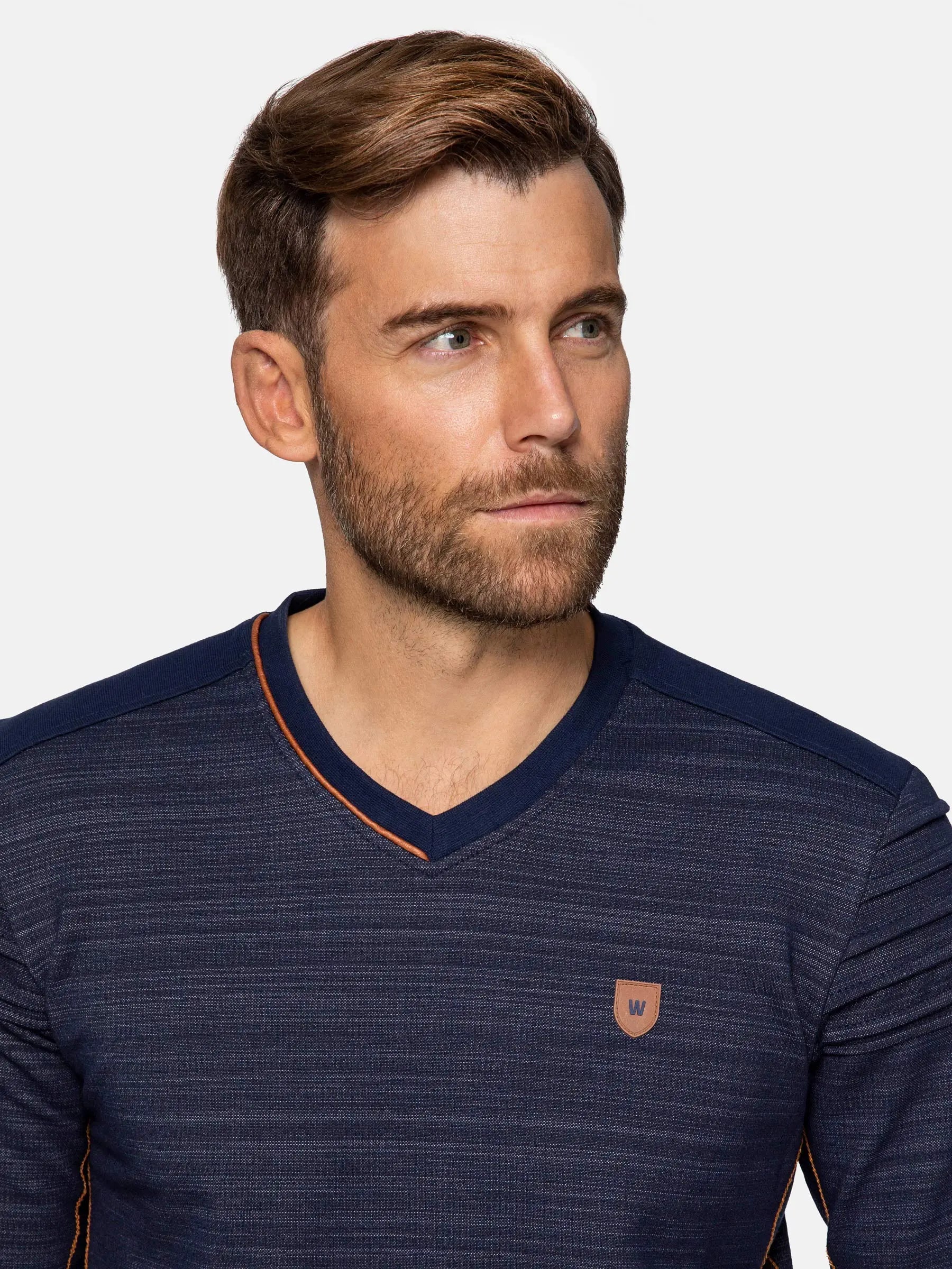 Man wearing a navy sweater with a small logo on a light gray background