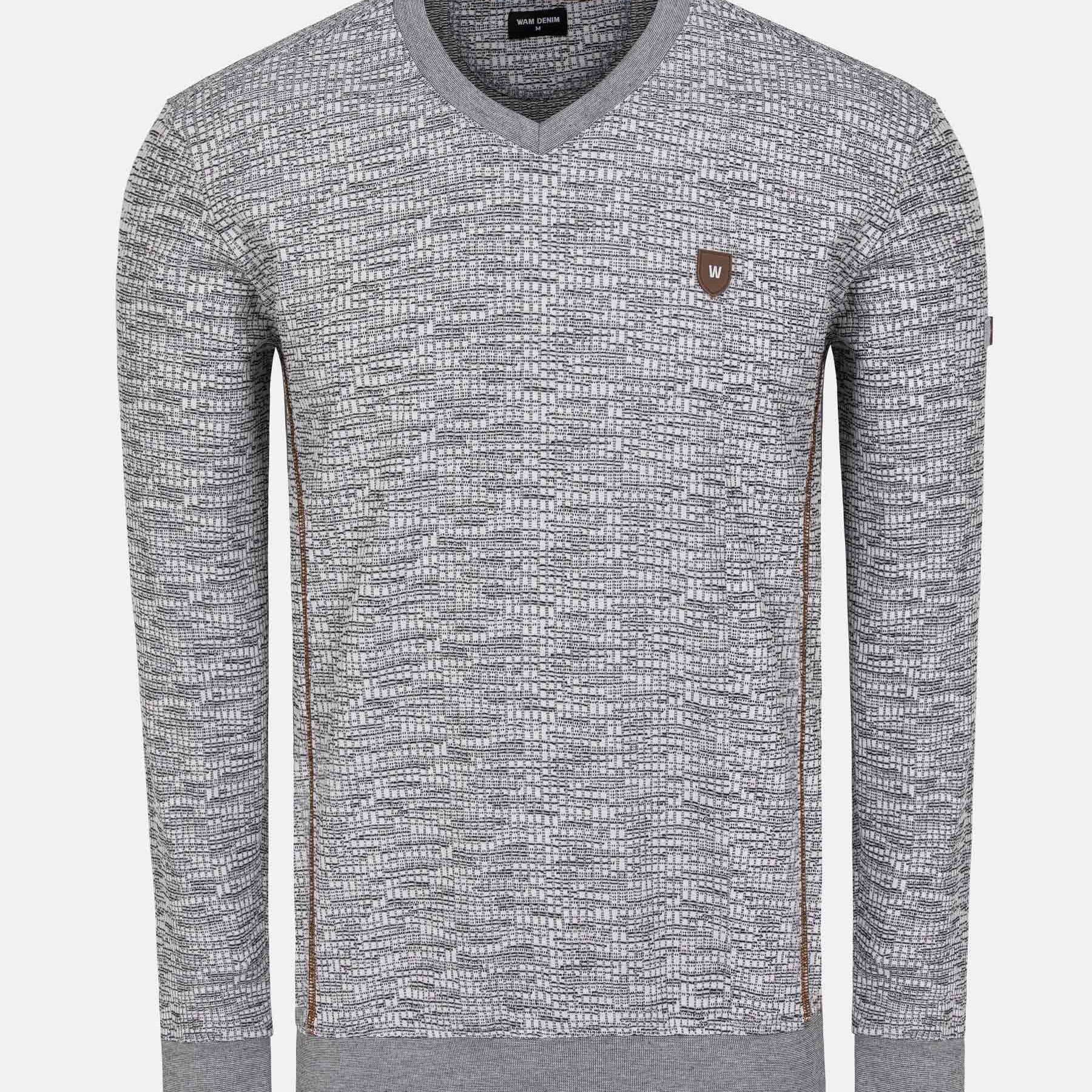 Grey textured men's V-neck sweater with brown side stripes – Wam Denim.