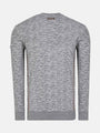 Back view of a grey textured V-neck sweater with brown side stripes – Wam Denim.