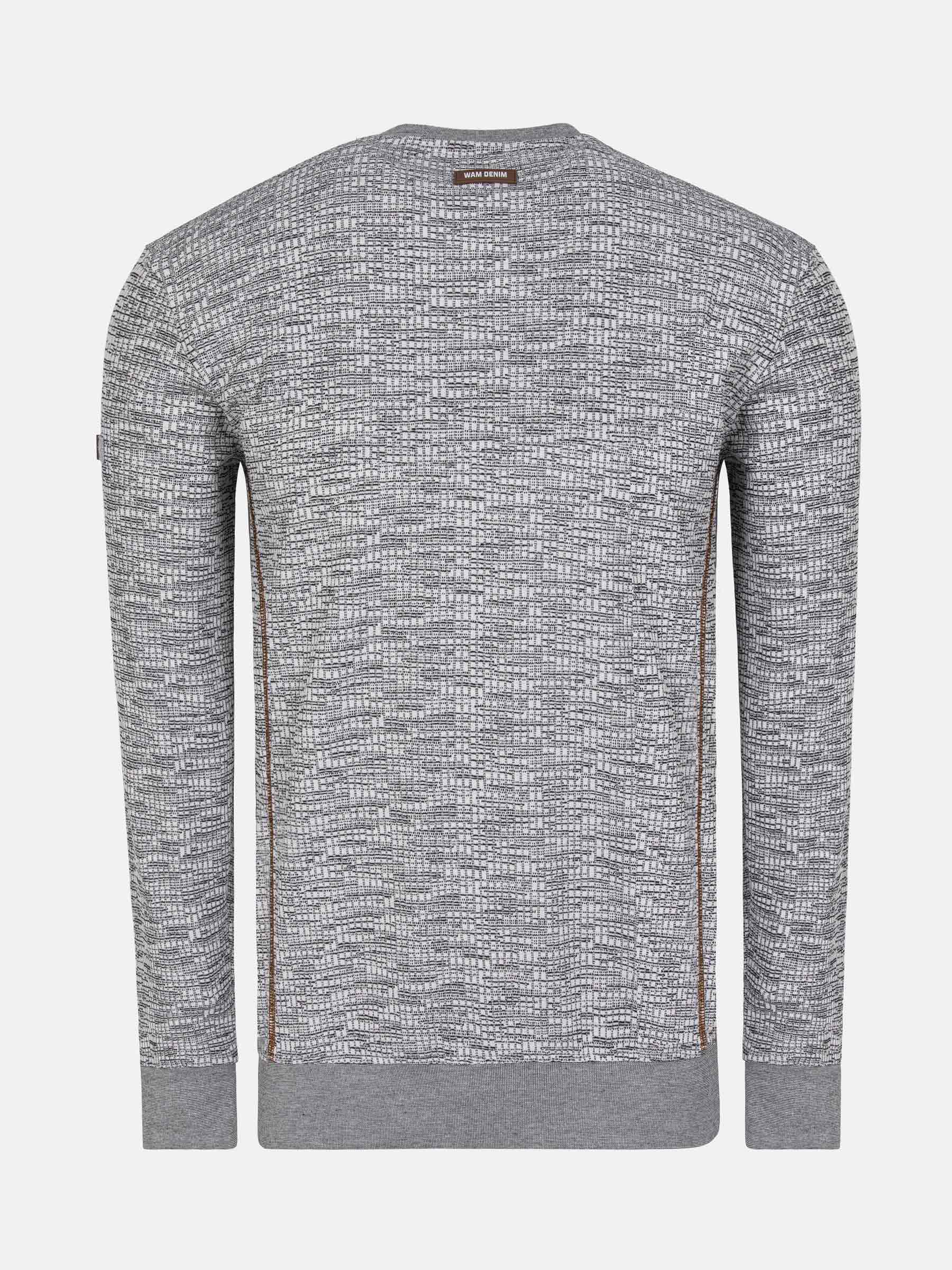Back view of a grey textured V-neck sweater with brown side stripes – Wam Denim.