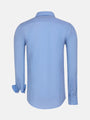 Back view of light blue men’s dress shirt with long sleeves and classic collar – Wam Denim.