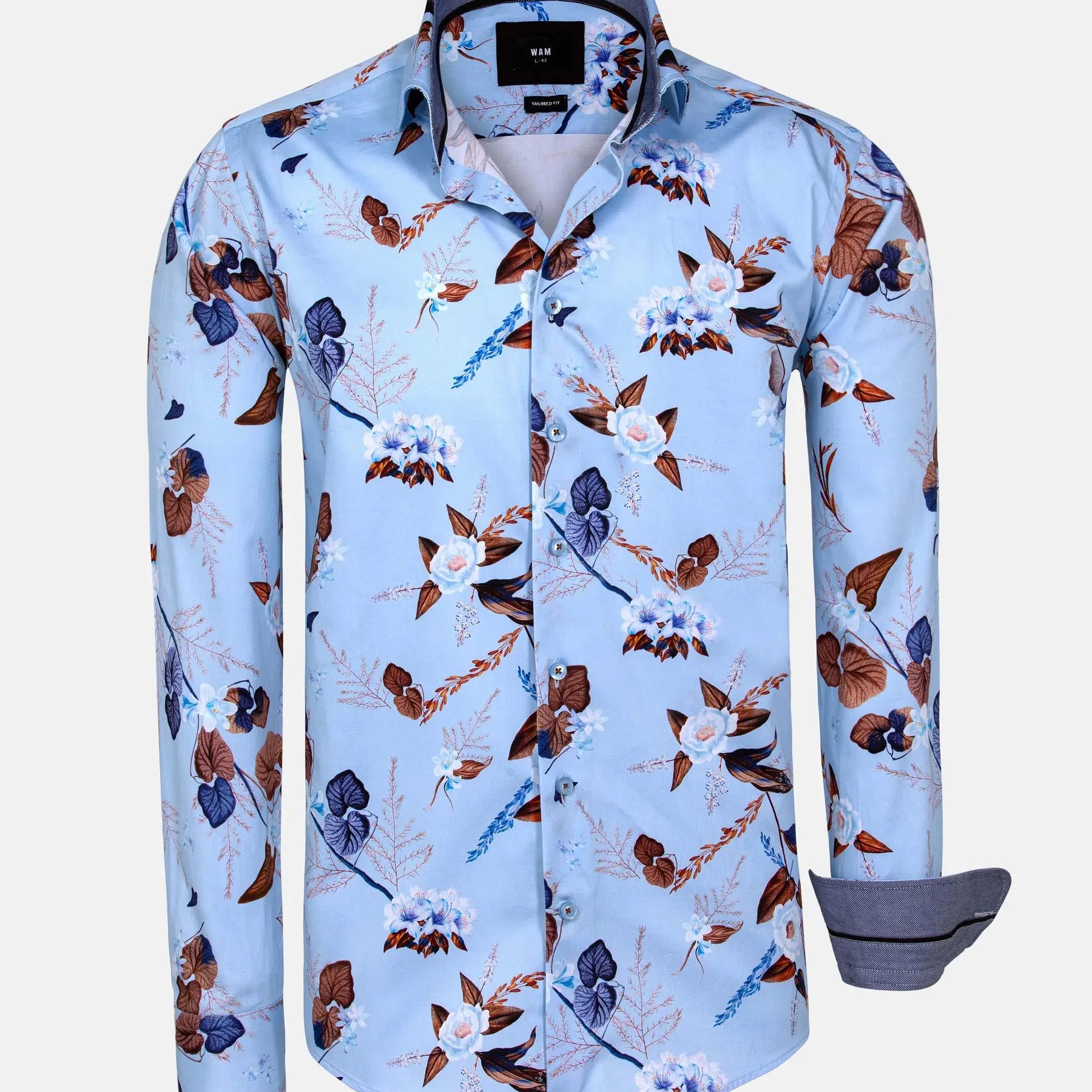Light blue floral print long sleeve shirt with brown and navy accents – Wam Denim.