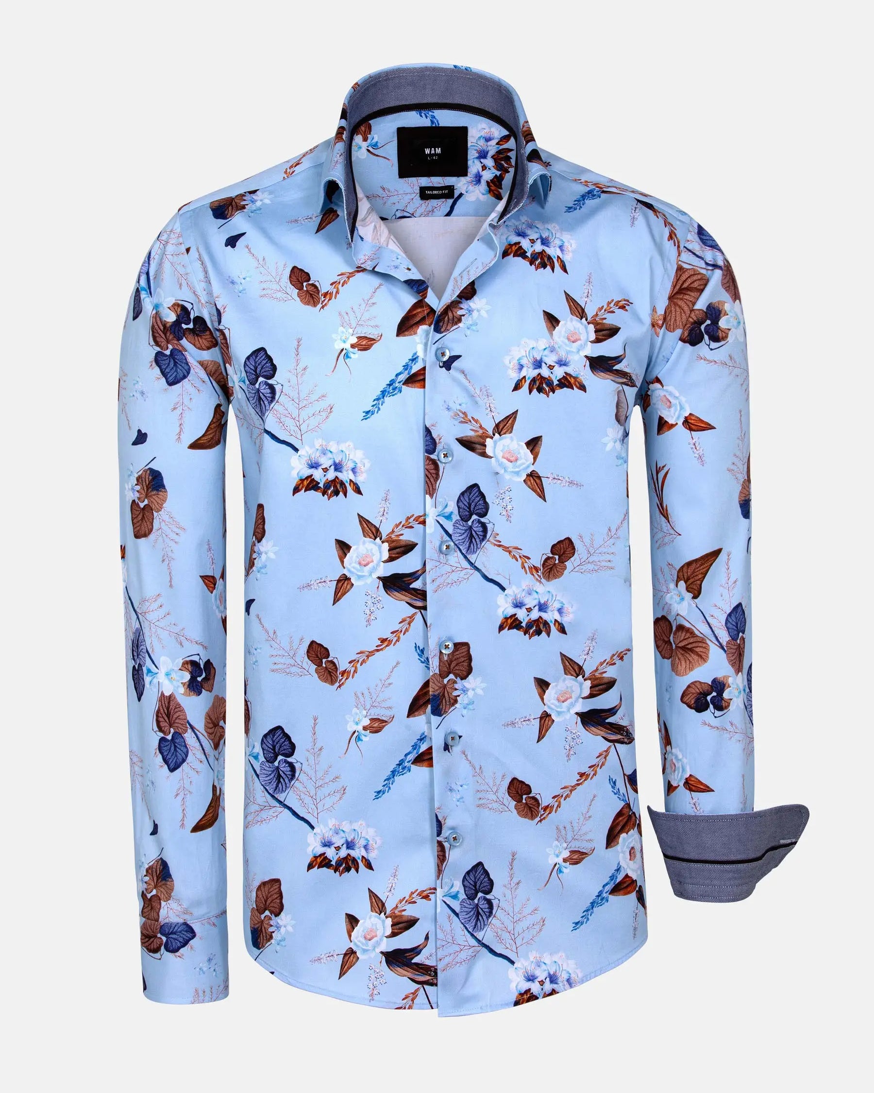 Light blue floral print long sleeve shirt with brown and navy accents – Wam Denim.