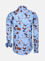 Back view of light blue floral print long sleeve shirt with brown and navy details – Wam Denim.