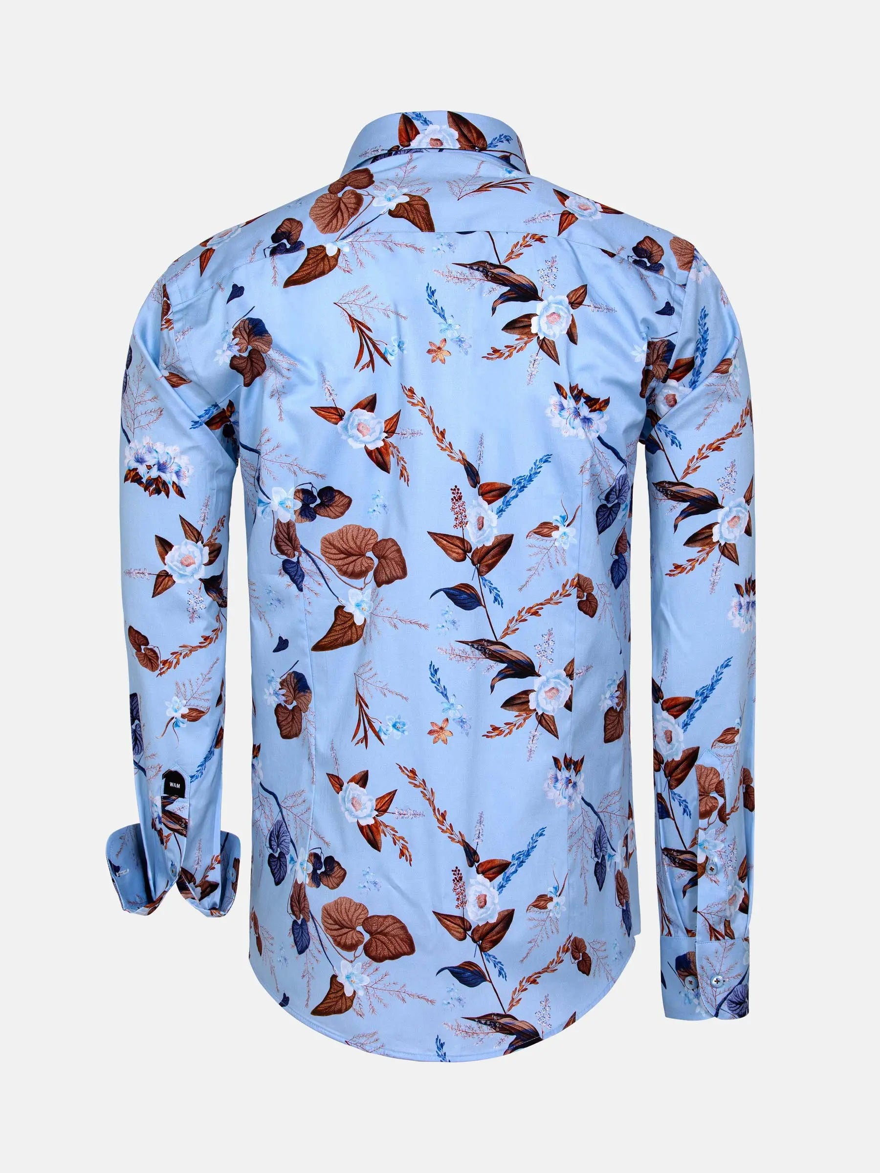 Back view of light blue floral print long sleeve shirt with brown and navy details – Wam Denim.