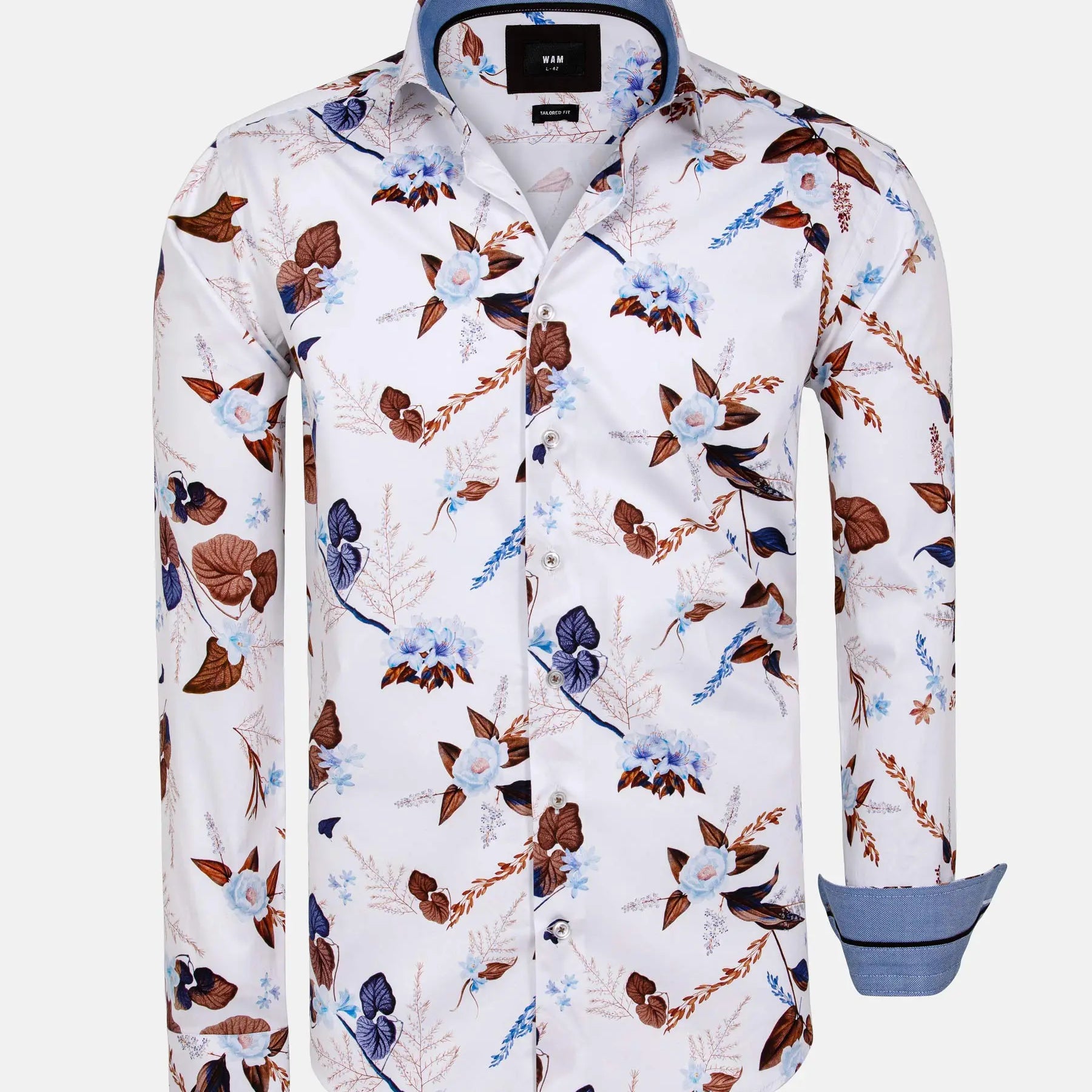 White floral long-sleeve shirt with blue and brown prints – Wam Denim.
