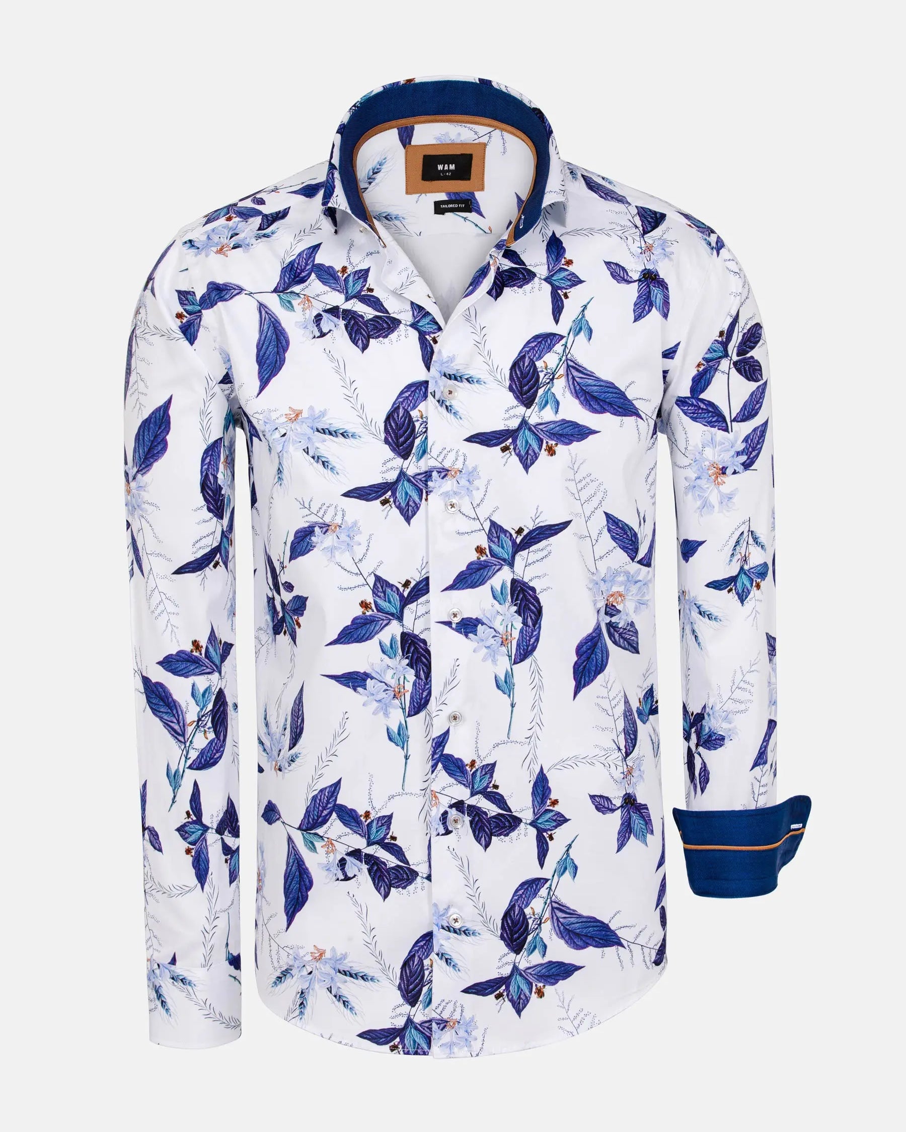 White long-sleeve floral print shirt with blue leaf design and contrast collar – Wam Denim.