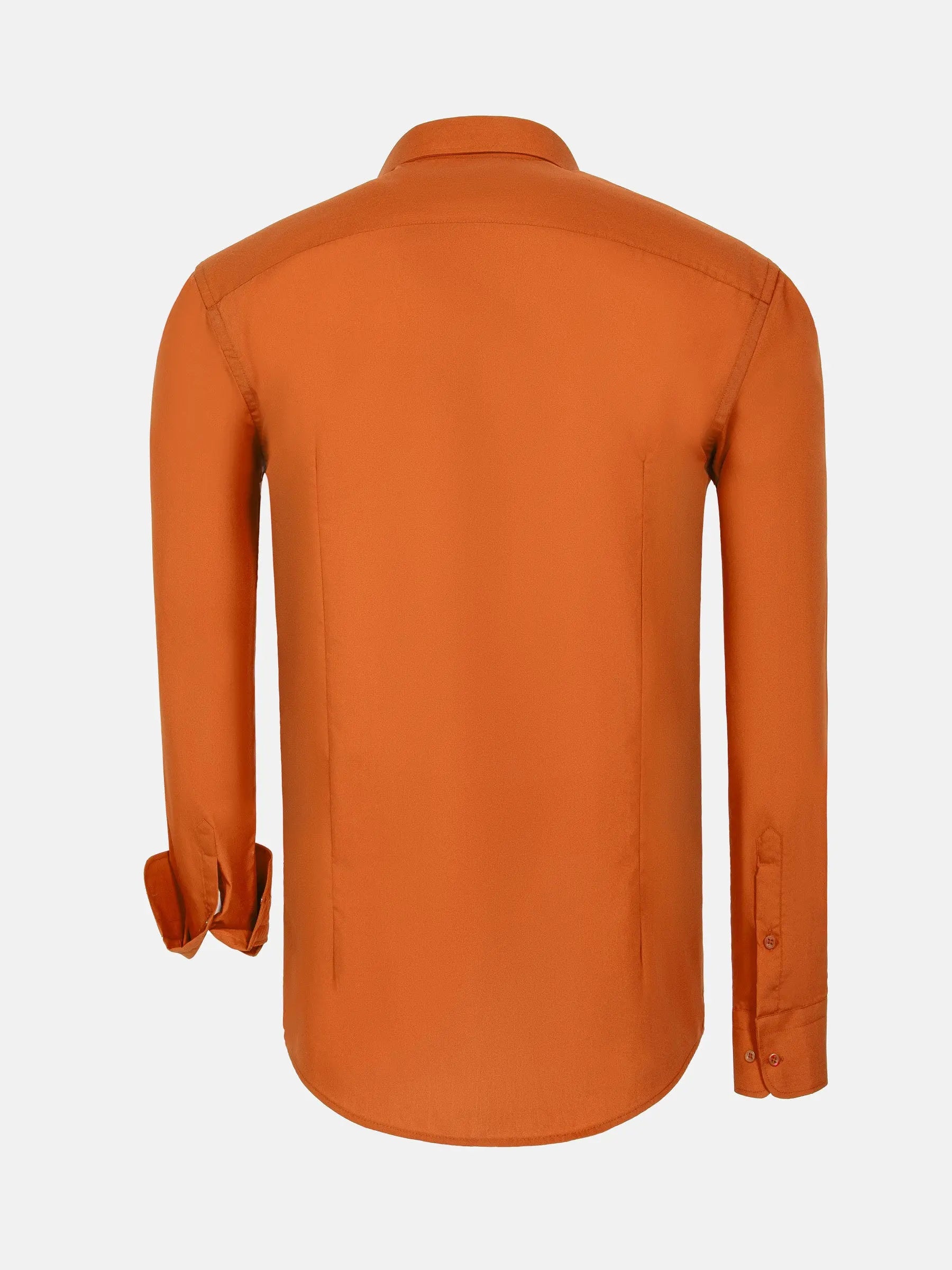 Back view of men’s slim-fit orange long sleeve dress shirt – Wam Denim.