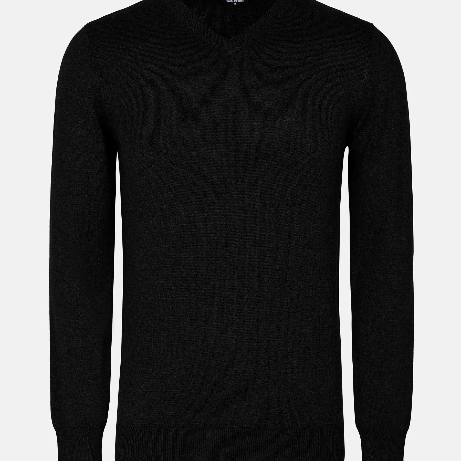 Front view of a black men's V-neck sweater with ribbed trim – Wam Denim.