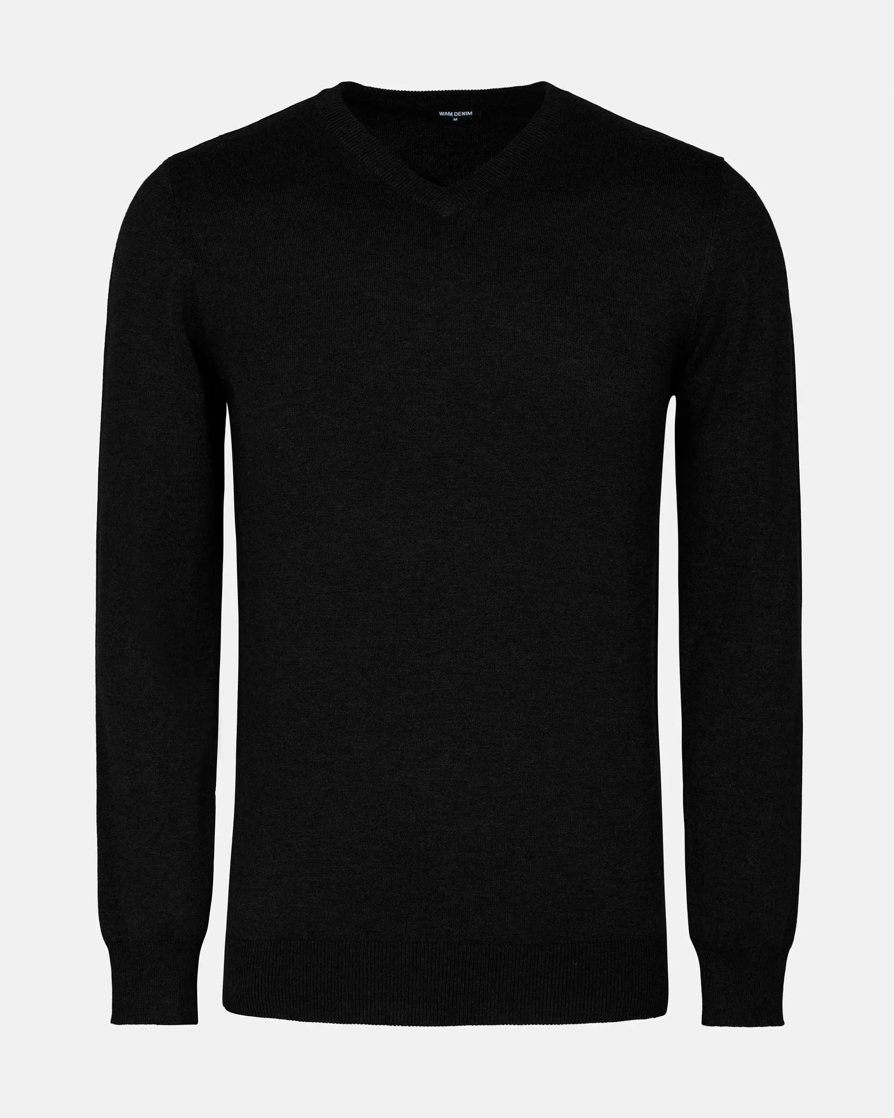Front view of a black men's V-neck sweater with ribbed trim – Wam Denim.