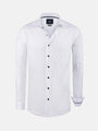 White long sleeve shirt with small navy dot pattern and dark buttons – Wam Denim.