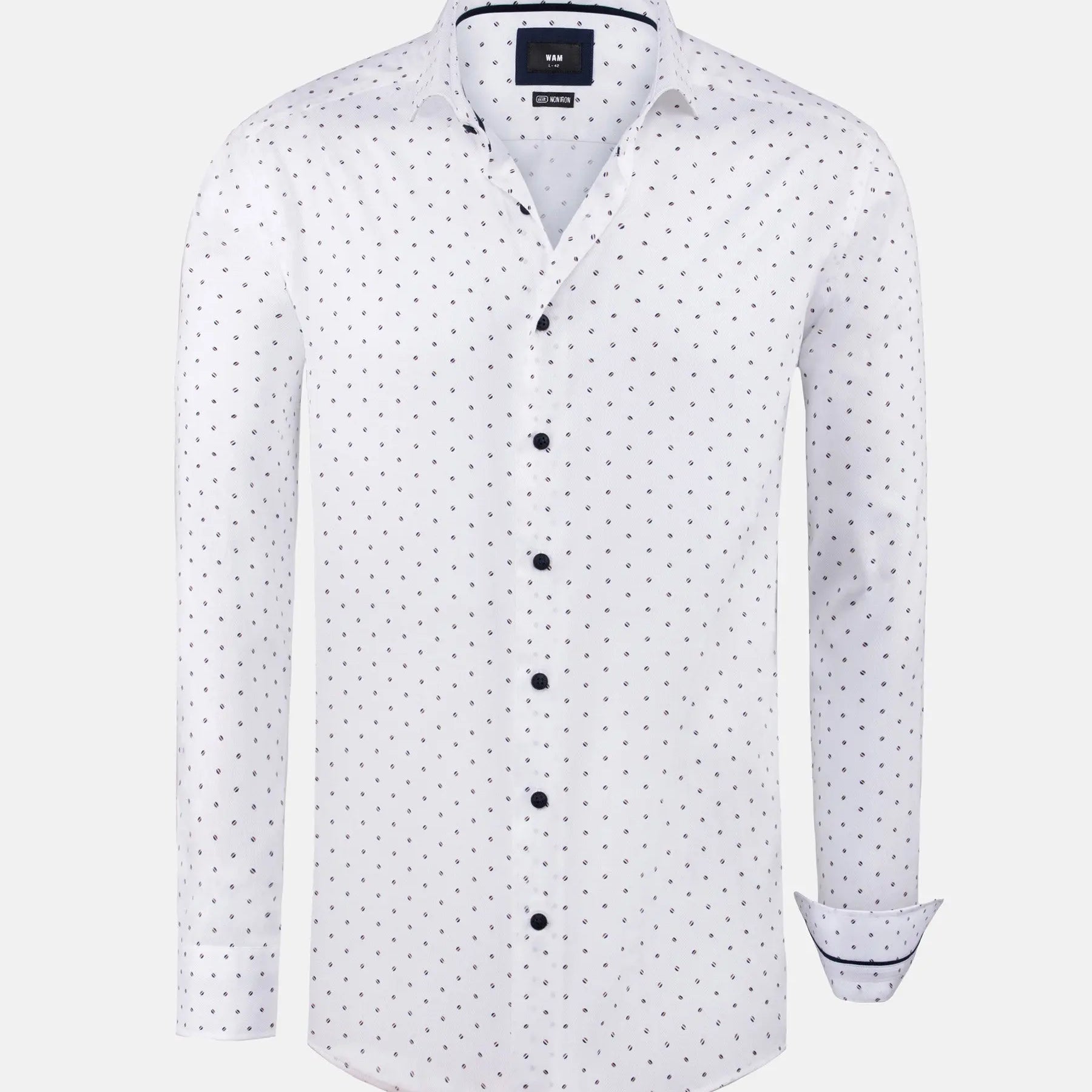 White long sleeve shirt with small navy dot pattern and dark buttons – Wam Denim.