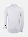 Back view of white shirt with subtle navy dotted pattern and buttoned cuffs – Wam Denim.