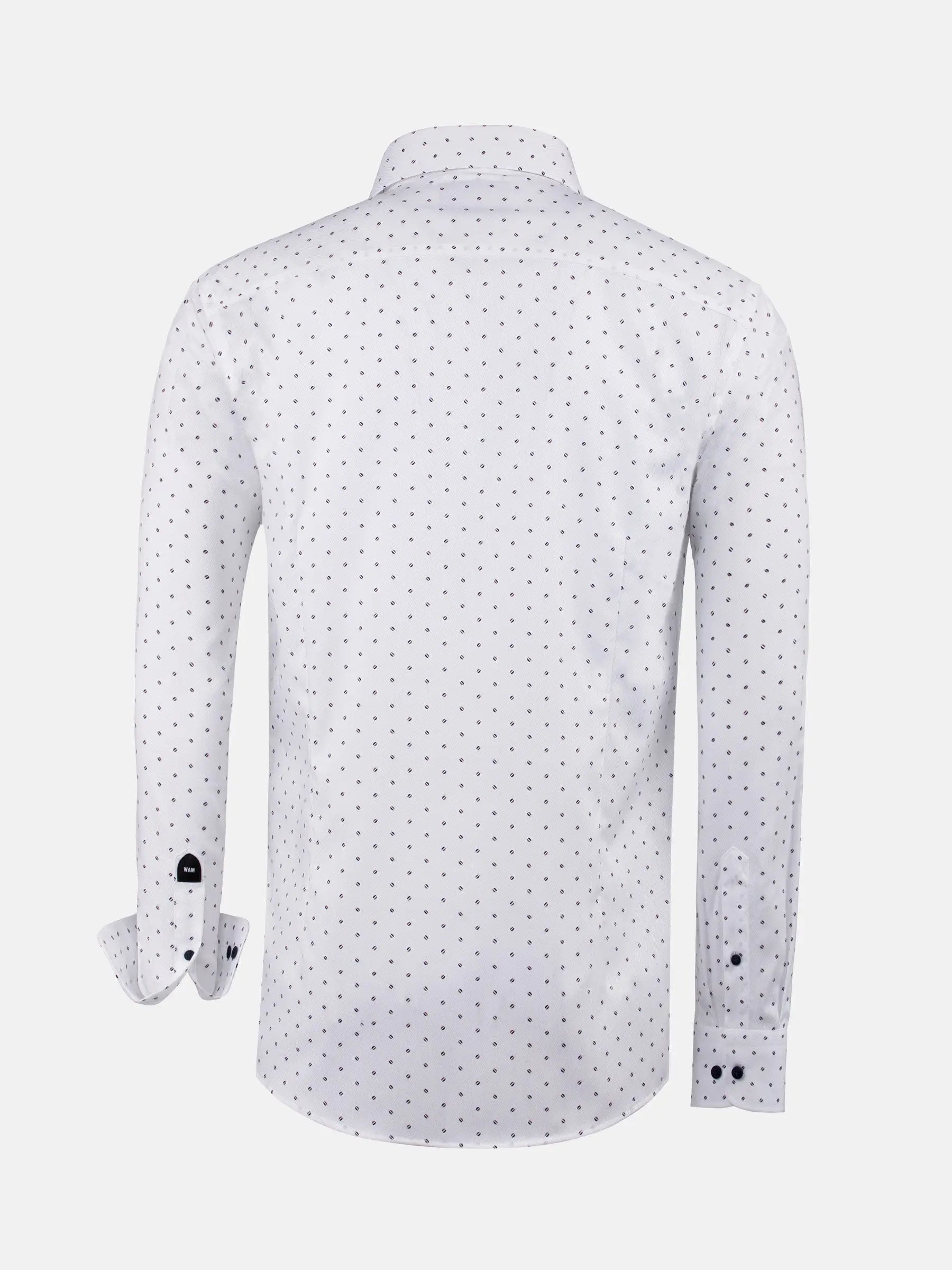 Back view of white shirt with subtle navy dotted pattern and buttoned cuffs – Wam Denim.