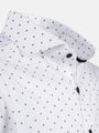 Close-up of white dress shirt with navy mini-dot pattern and button-down collar – Wam Denim.