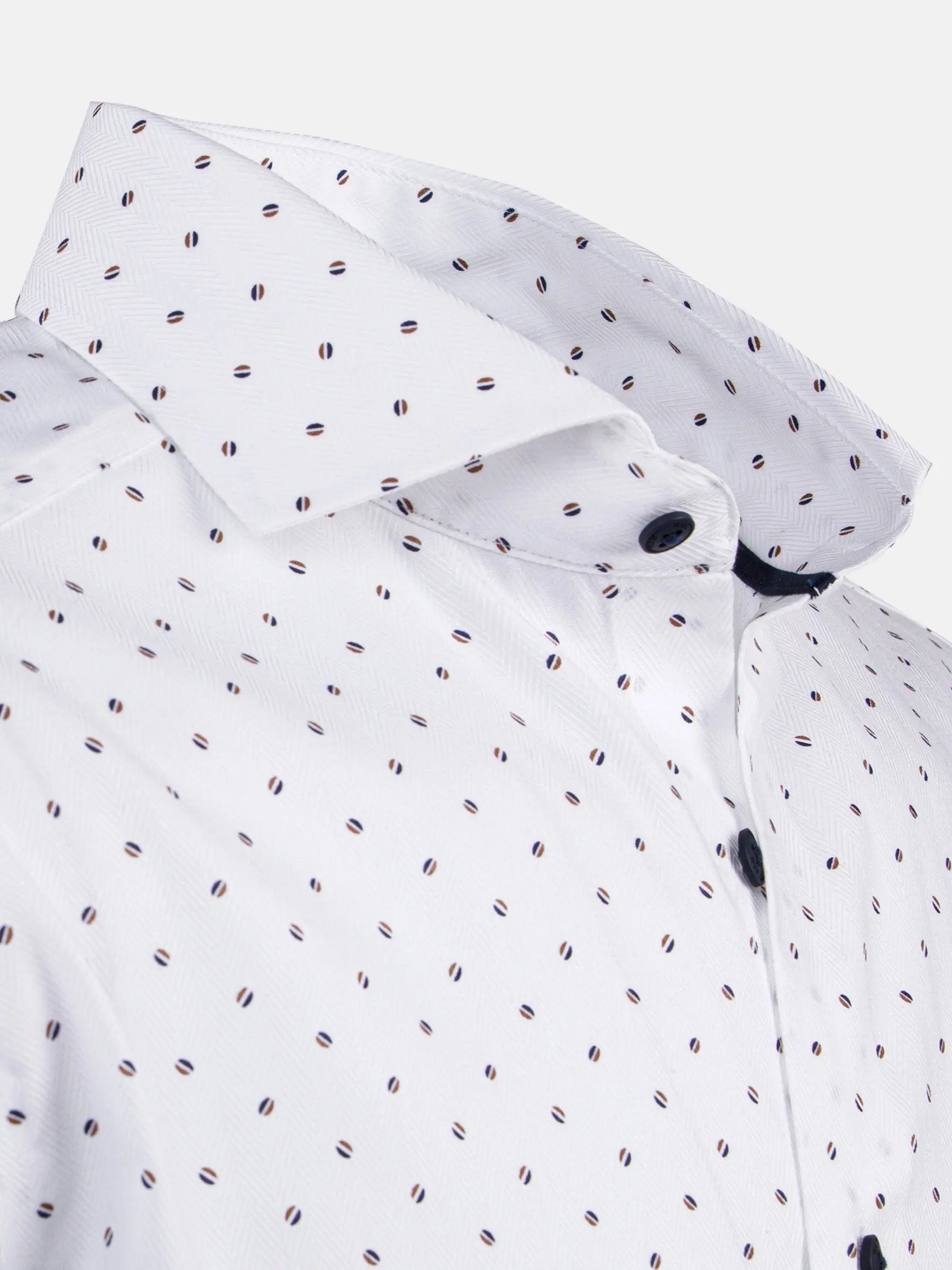 Close-up of white dress shirt with navy mini-dot pattern and button-down collar – Wam Denim.