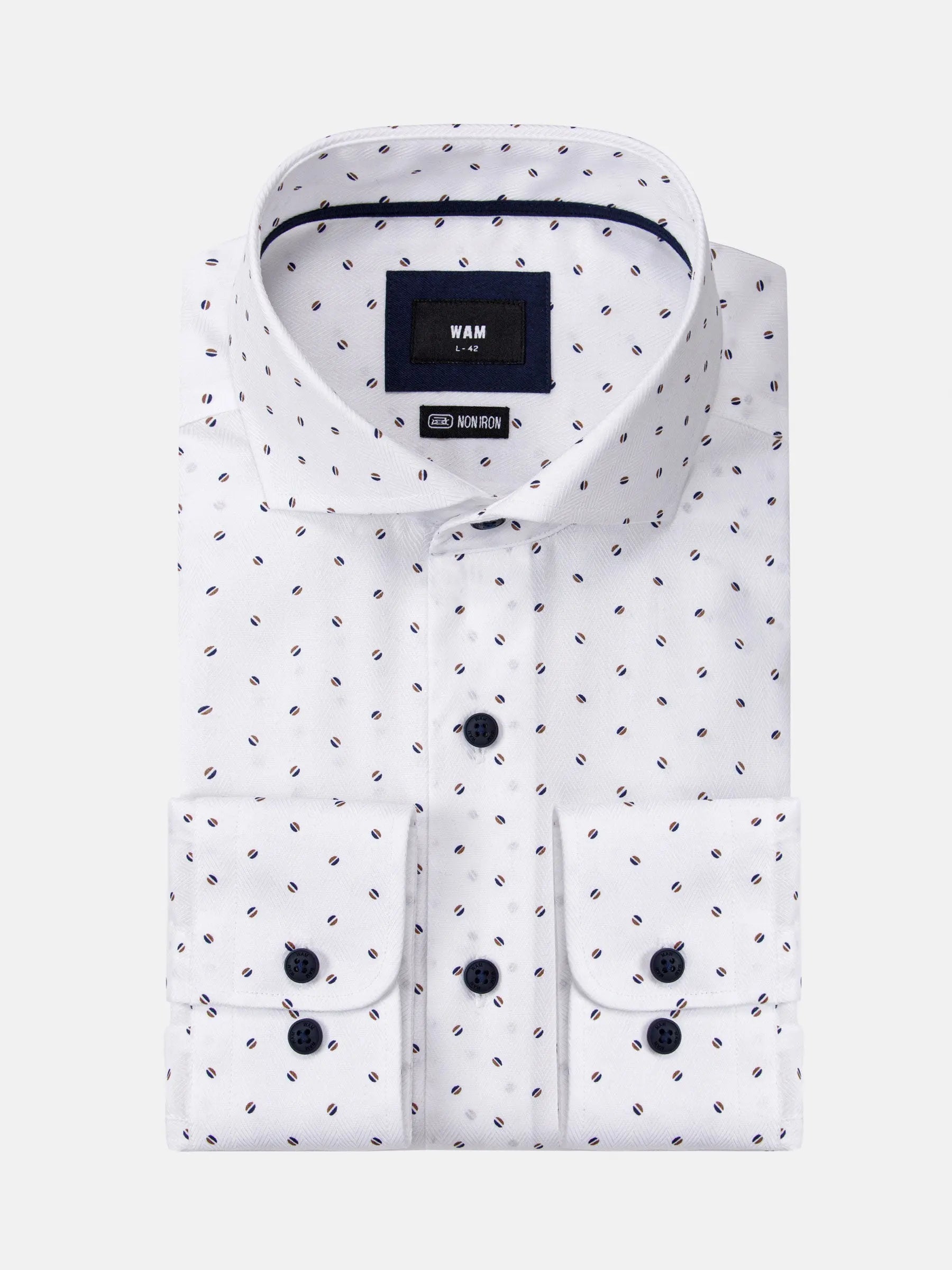 Folded white shirt with navy mini-dot pattern and dark buttons, non-iron fabric – Wam Denim.
