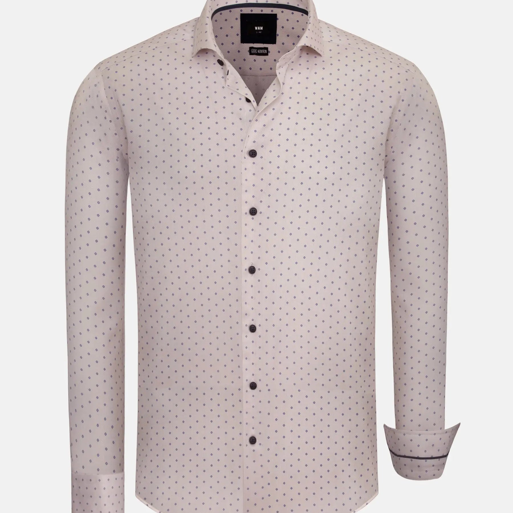 Light beige dress shirt with small purple pattern, long sleeves. – Wam Denim.