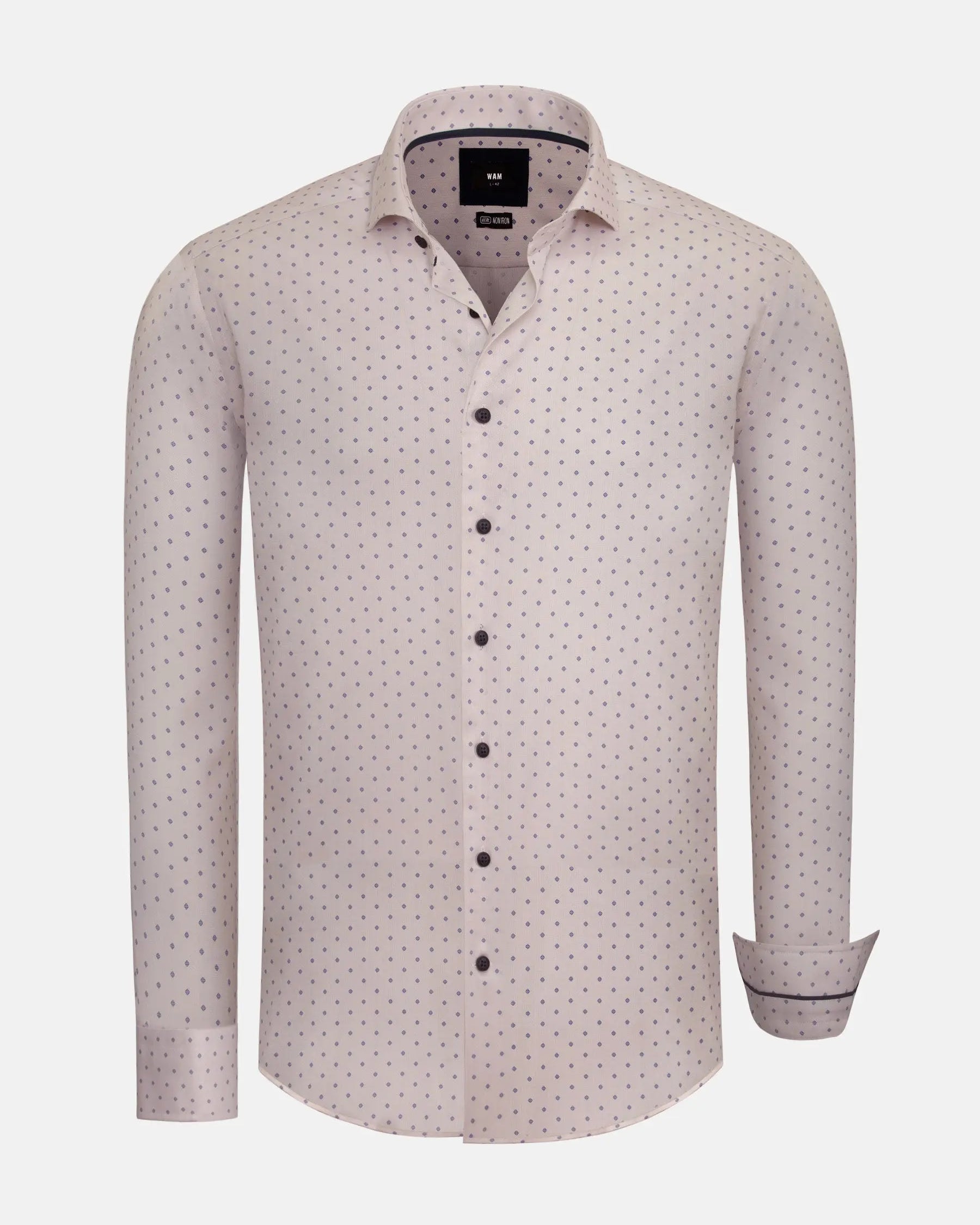 Light beige dress shirt with small purple pattern, long sleeves. – Wam Denim.