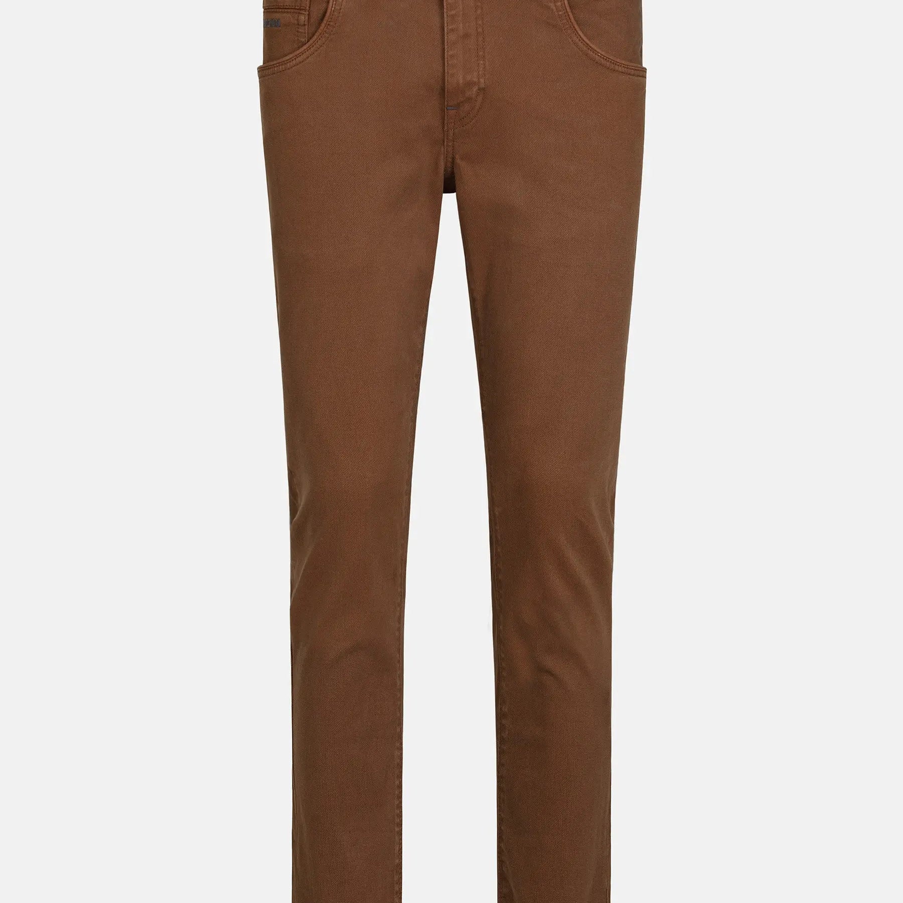 Full view of brown slim-fit jeans, stylish casual wear. – Wam Denim.