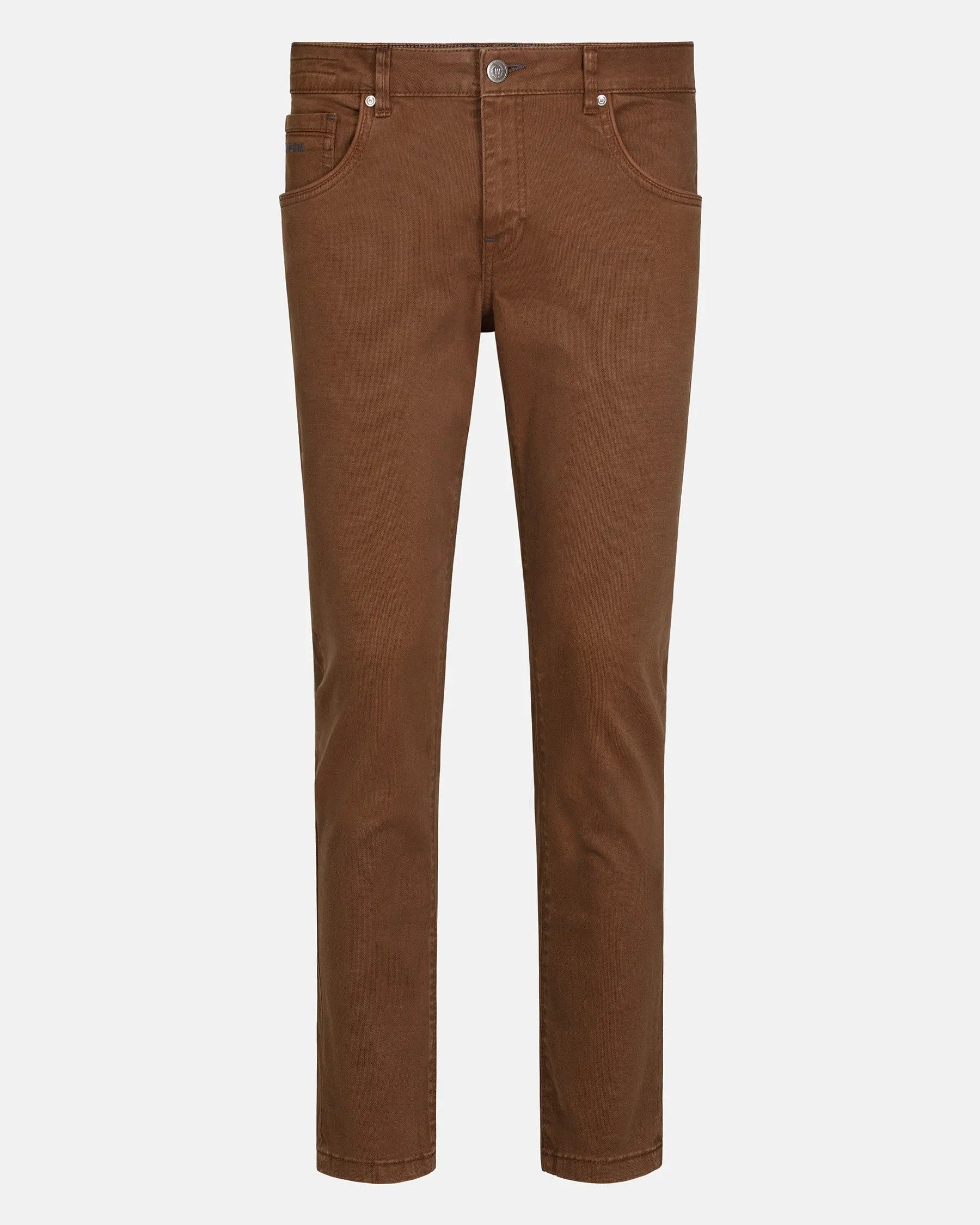 Full view of brown slim-fit jeans, stylish casual wear. – Wam Denim.