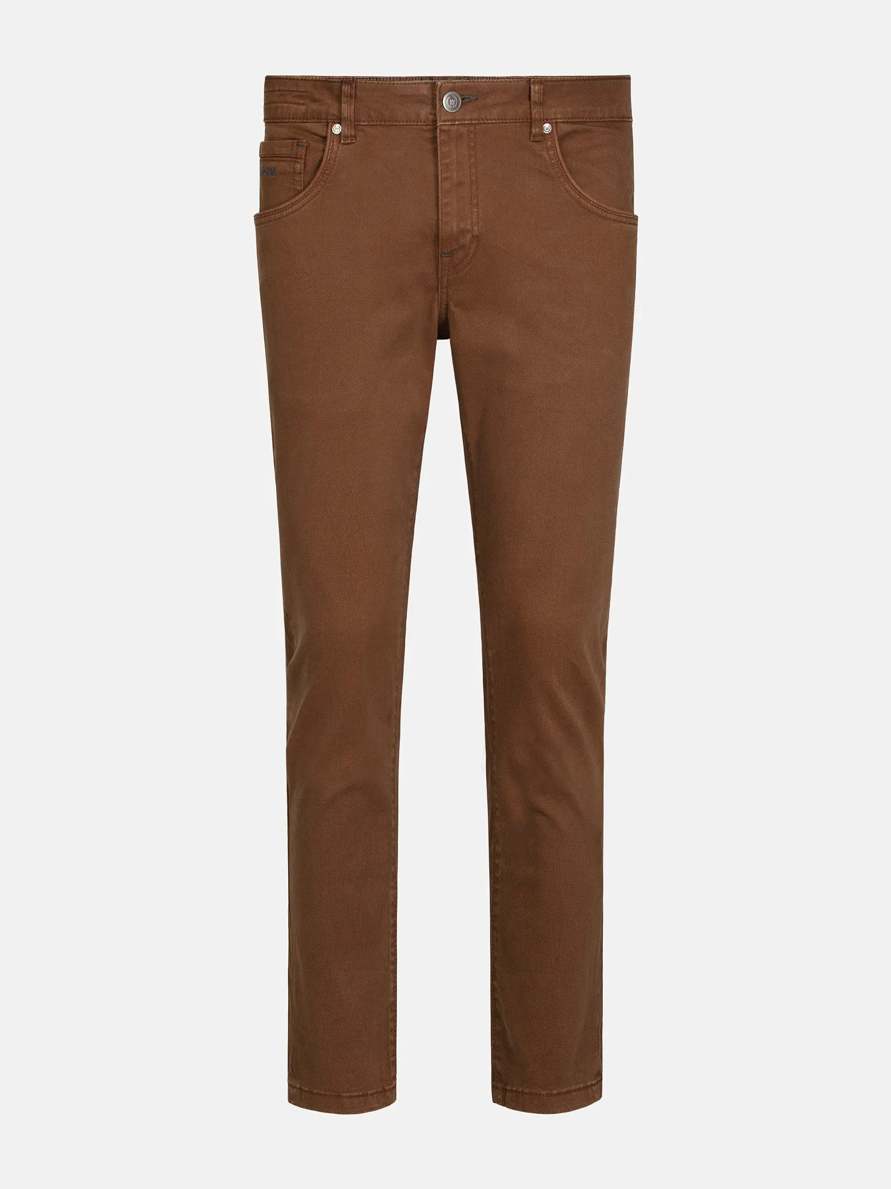 Full view of brown slim-fit jeans, stylish casual wear. – Wam Denim.